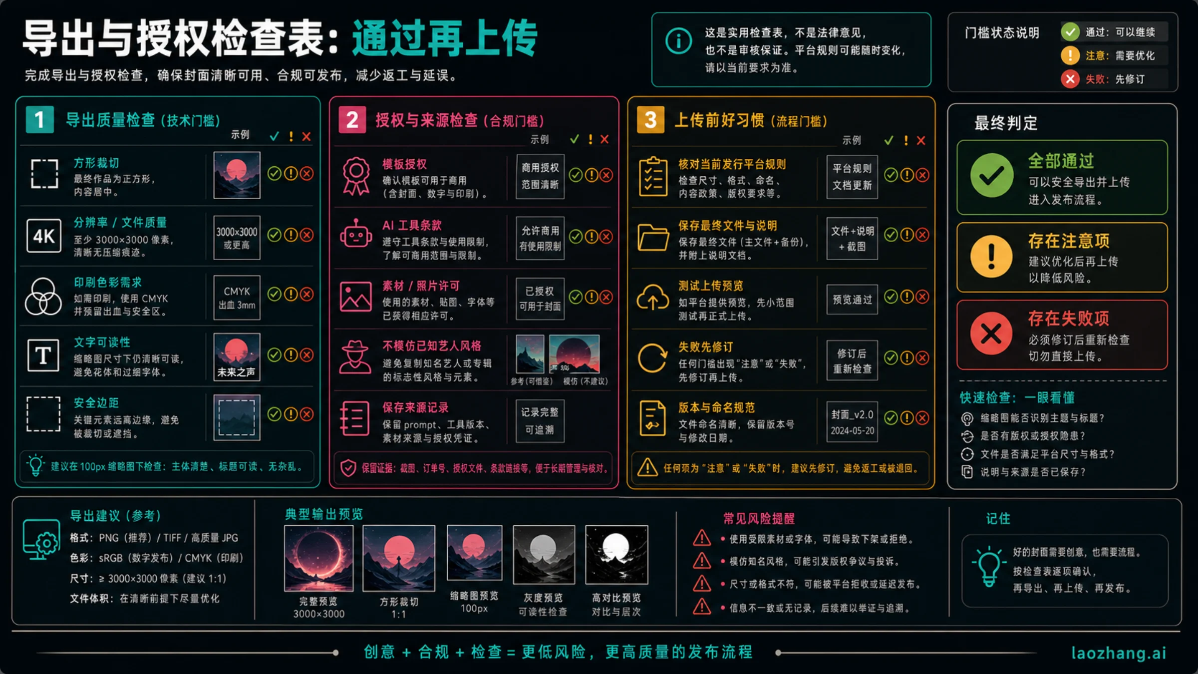 专辑封面导出和授权检查表，覆盖方形、分辨率、文字、水印、授权、源文件和平台规则
