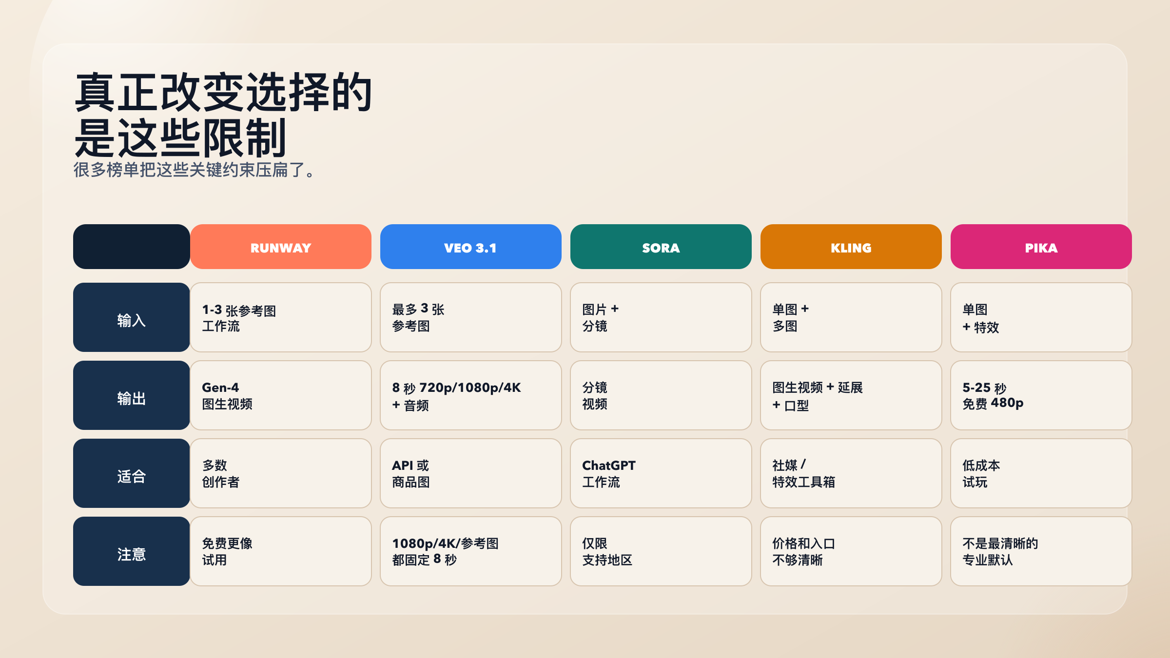 矩阵比较五个工具在输入方式、输出规则、最适合场景和主要代价上的差异