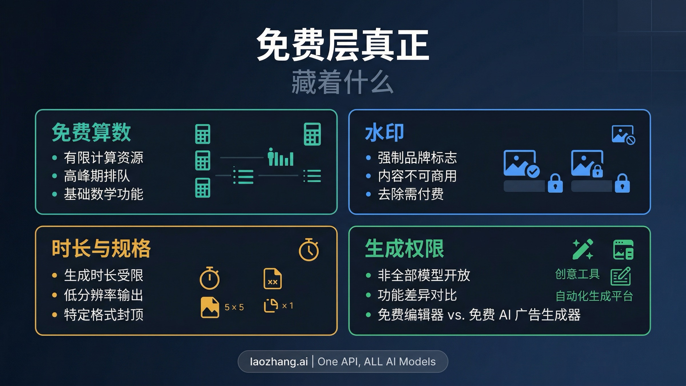 对比图：免费 AI 广告视频工具真正的坑主要在工作流锁定、额度数学、水印和生成边界