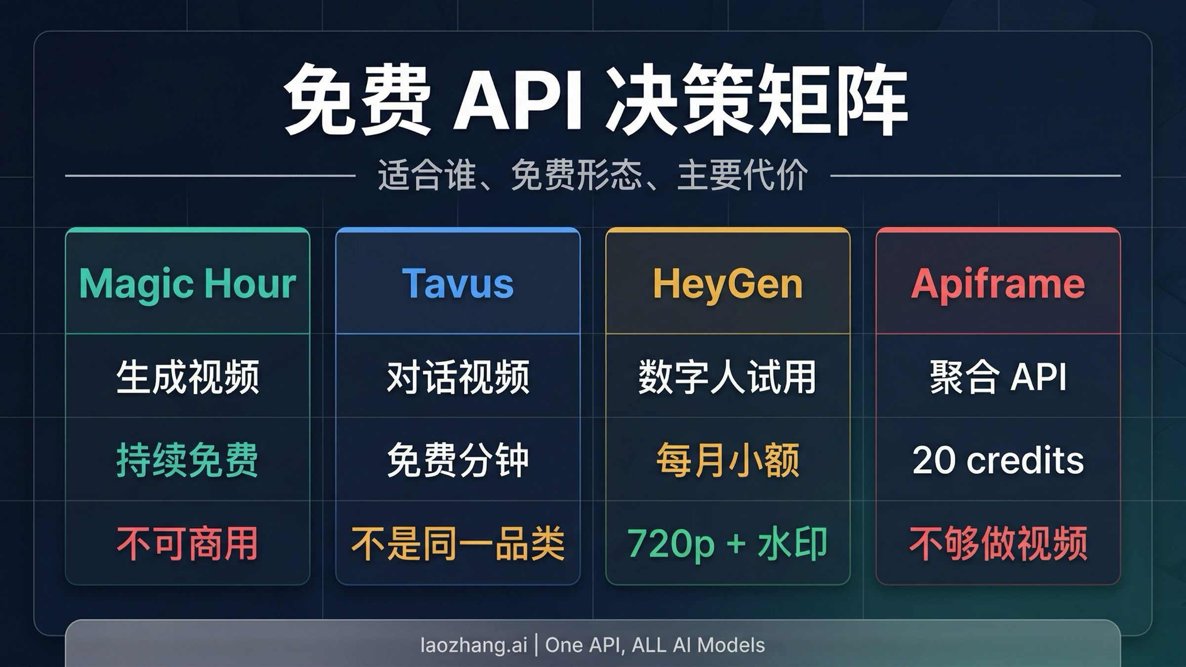 用适合场景、免费形态和主要代价比较 Magic Hour、Tavus、HeyGen 与 Apiframe 的矩阵图