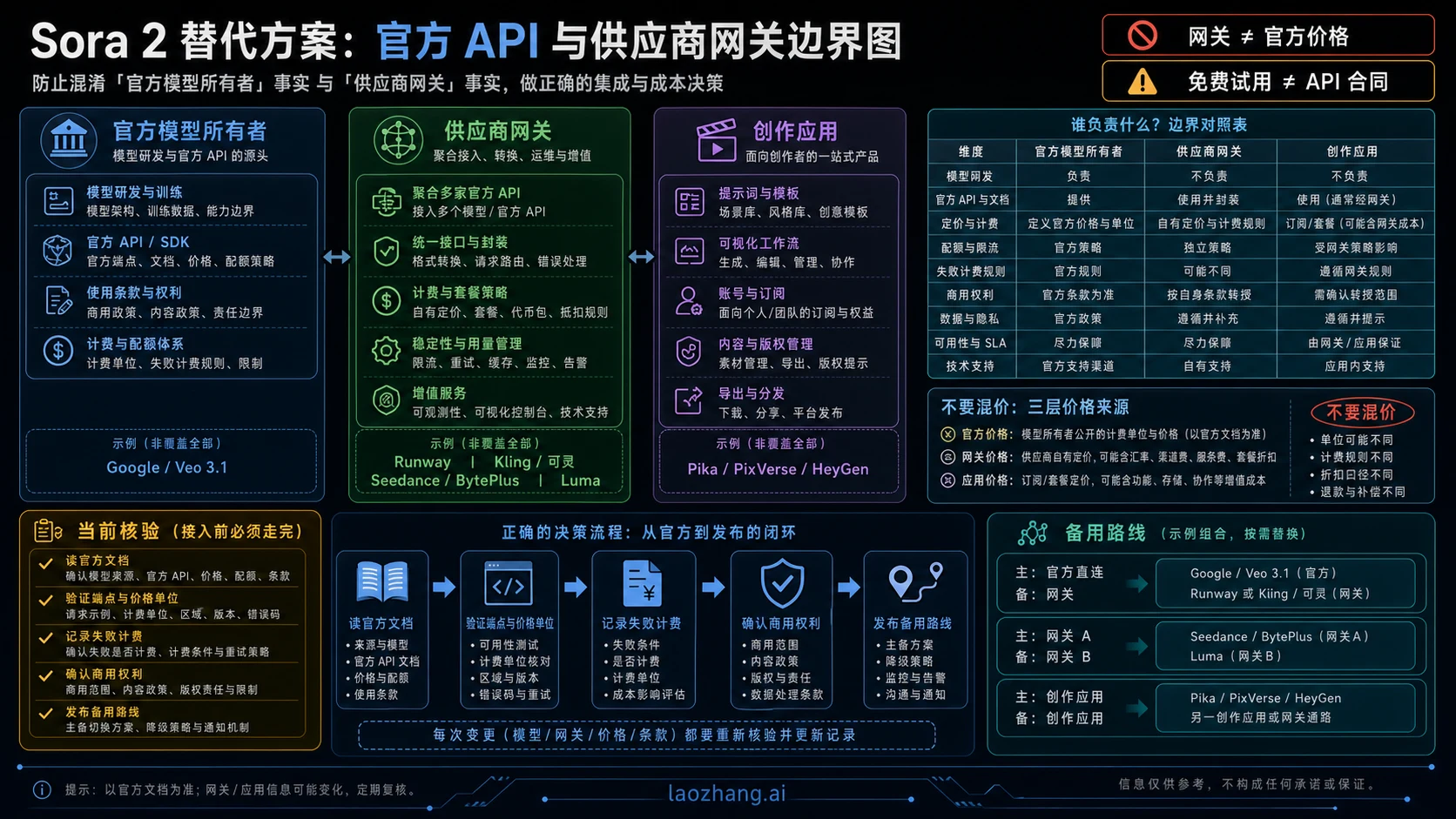 官方 API、供应商网关和创作应用的边界图