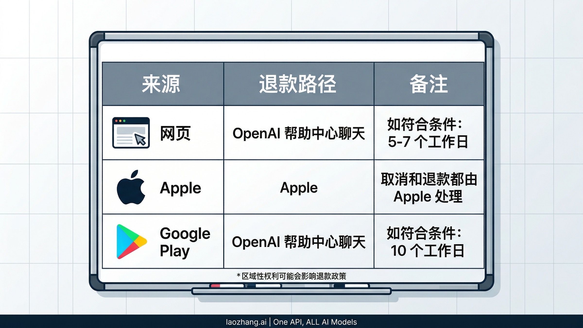 按网页、Apple 和 Google Play 计费来源区分退款路径的对照图