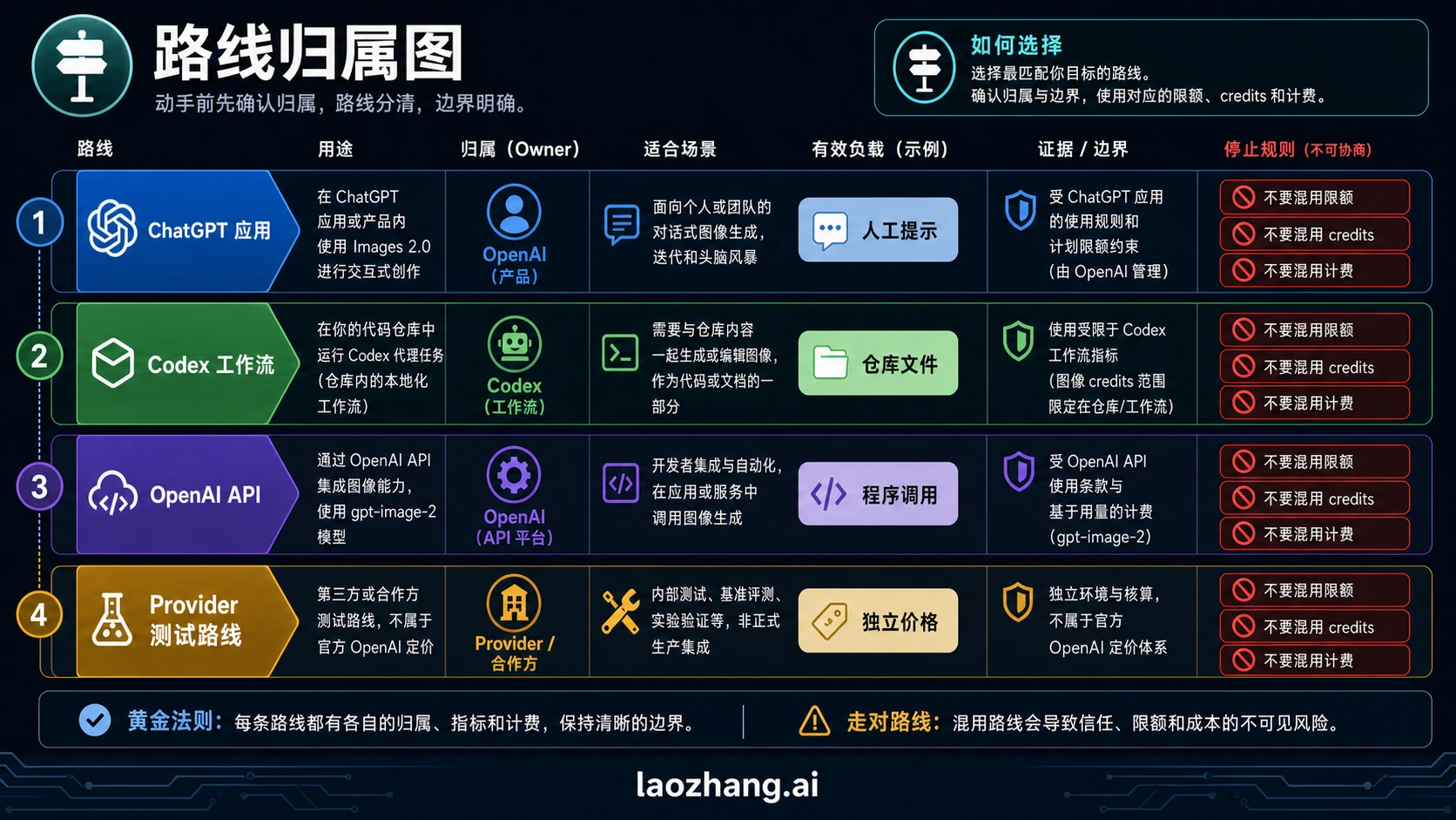 路线归属图，分离 ChatGPT 应用、Codex 工作流、OpenAI API 和供应商测试路线