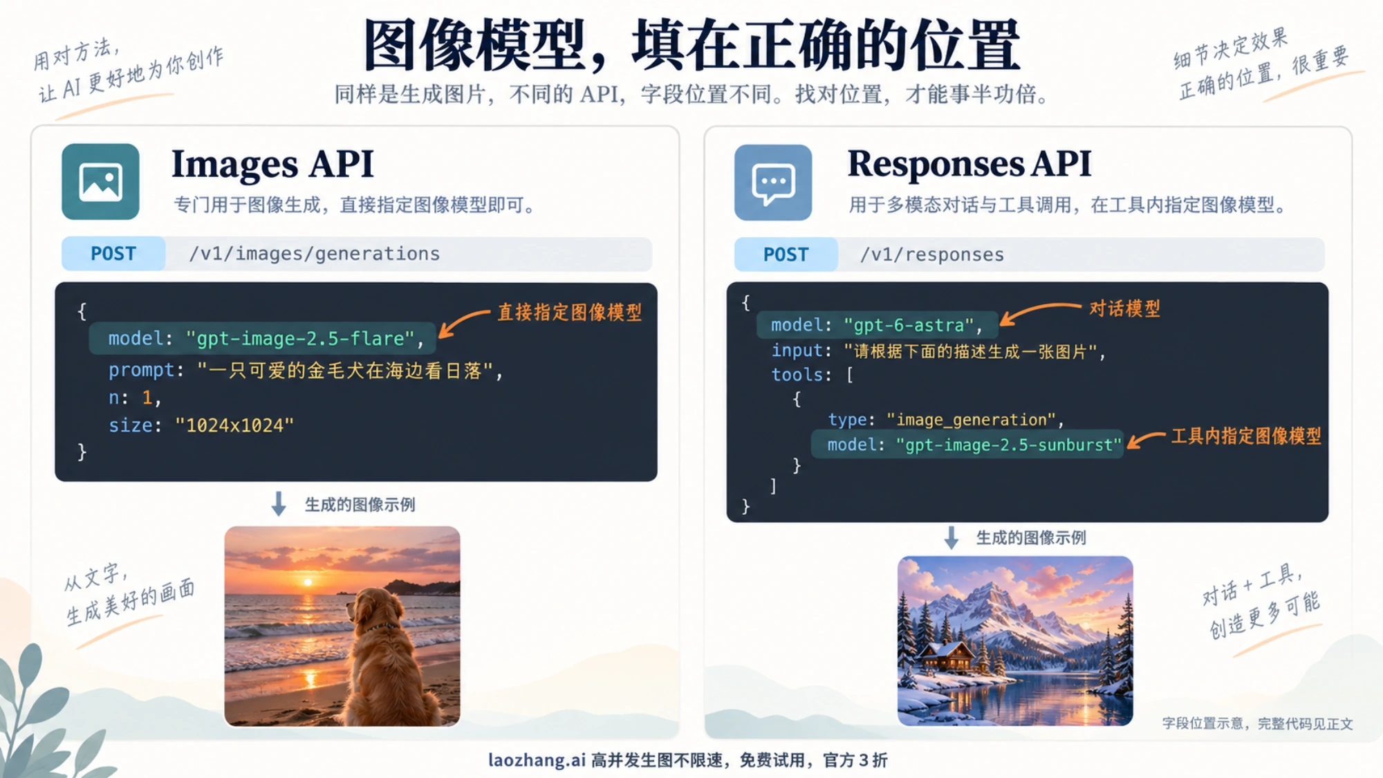 Images API 与 Responses API 的字段位置示意：前者直接指定图像模型，后者在图像生成工具内指定