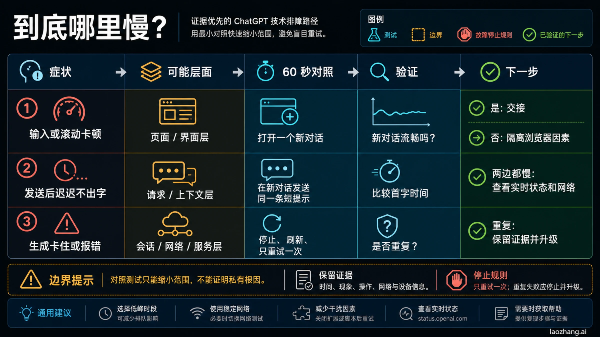 输入卡顿、首字延迟与生成卡死的三车道诊断图