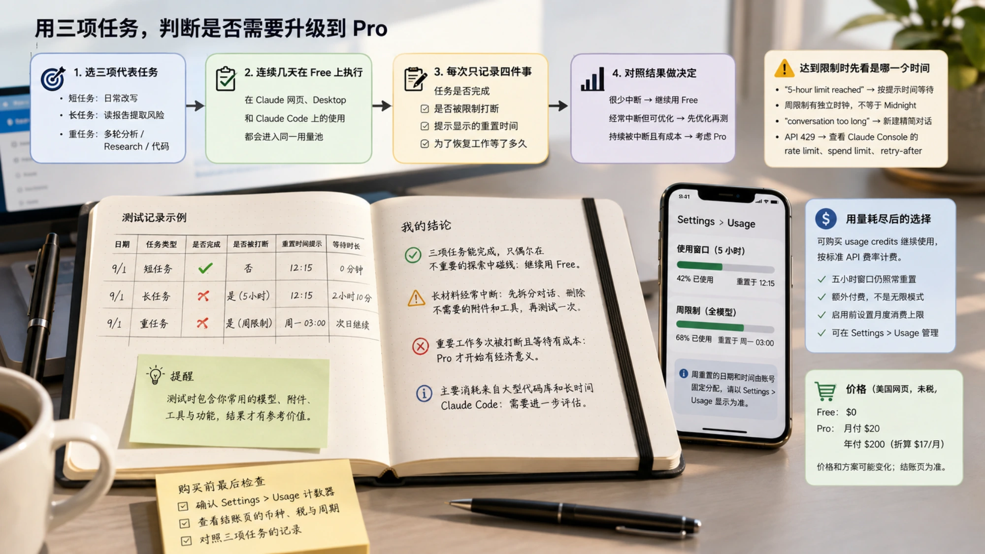 Claude 免费版与 Pro 按真实任务比较用量的说明图