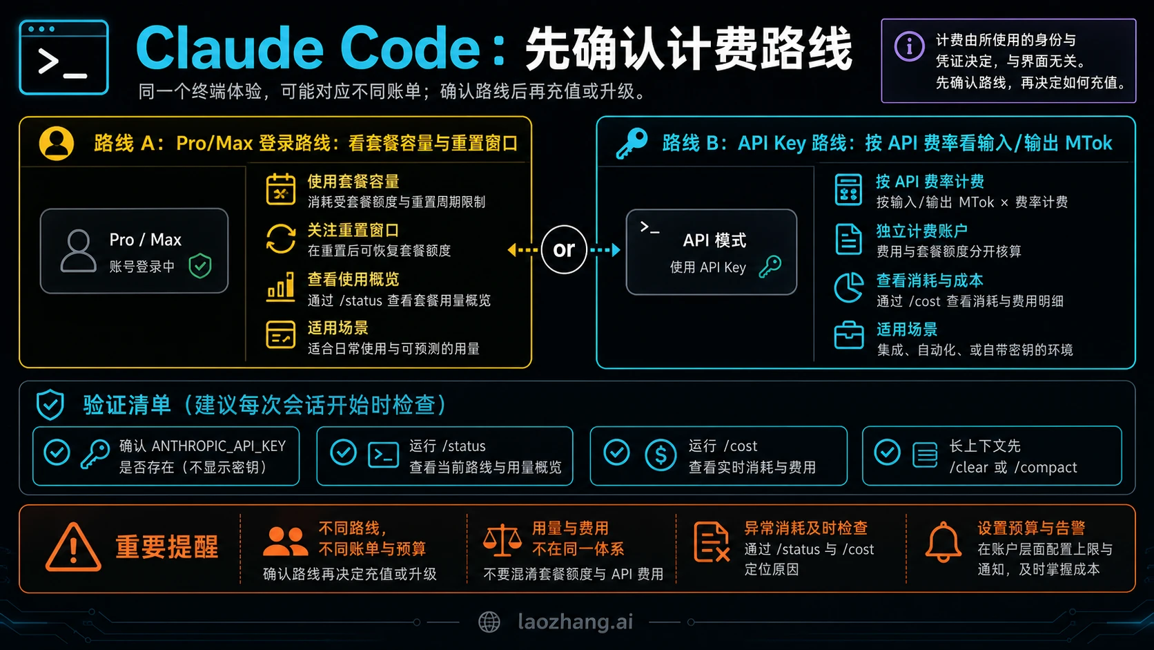 Claude Code Pro Max 登录与 API Key 计费路线检查板