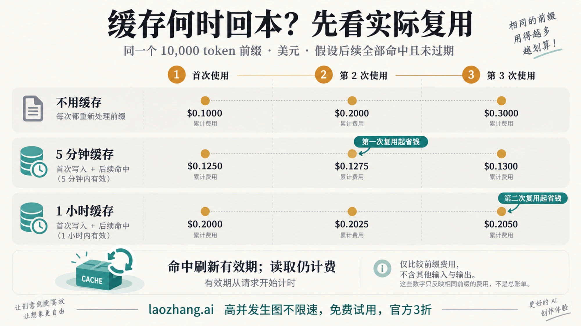相同前缀使用三次时，不用缓存、5 分钟缓存和 1 小时缓存的累计费用对比
