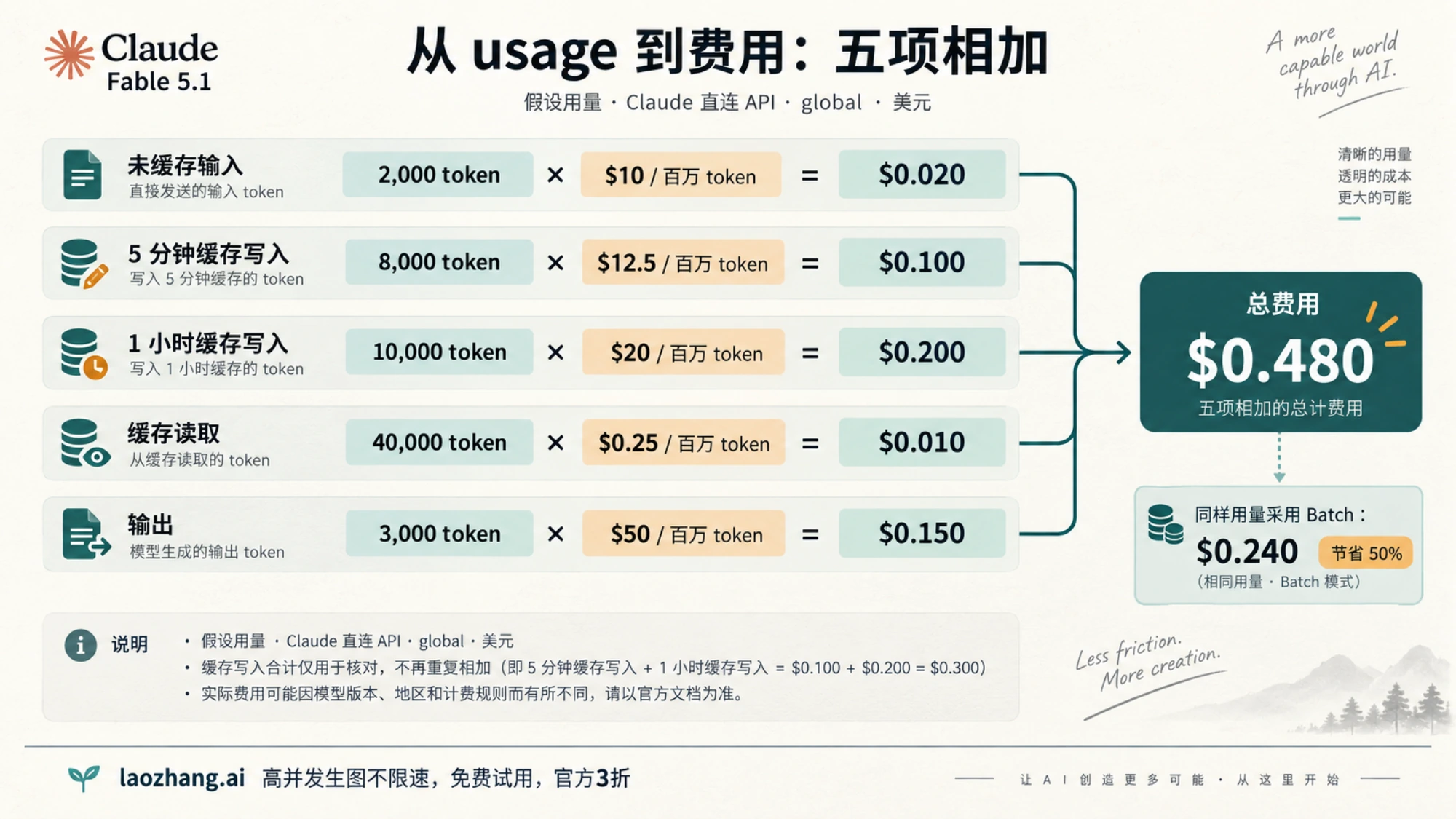 五类 token 用量分别计费后相加，示例常规费用为 0.480 美元
