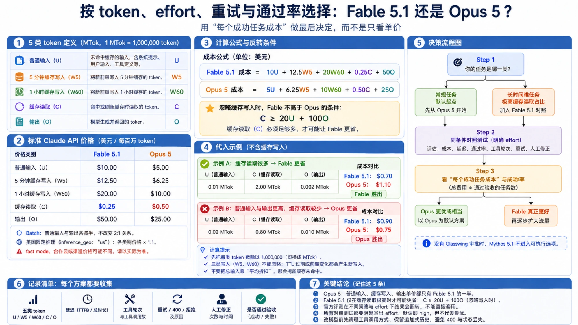 用价格公式、两组成本示例和同条件测试流程选择 Fable 5.1 或 Opus 5
