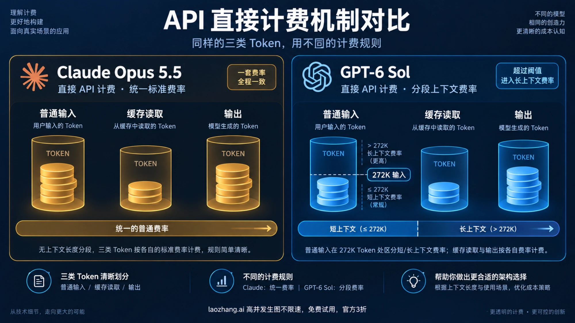 Claude Opus 5.5 与 GPT-6 Sol 的普通输入、缓存读取和输出计费项目示意，标出 Sol 的 272K 输入门槛
