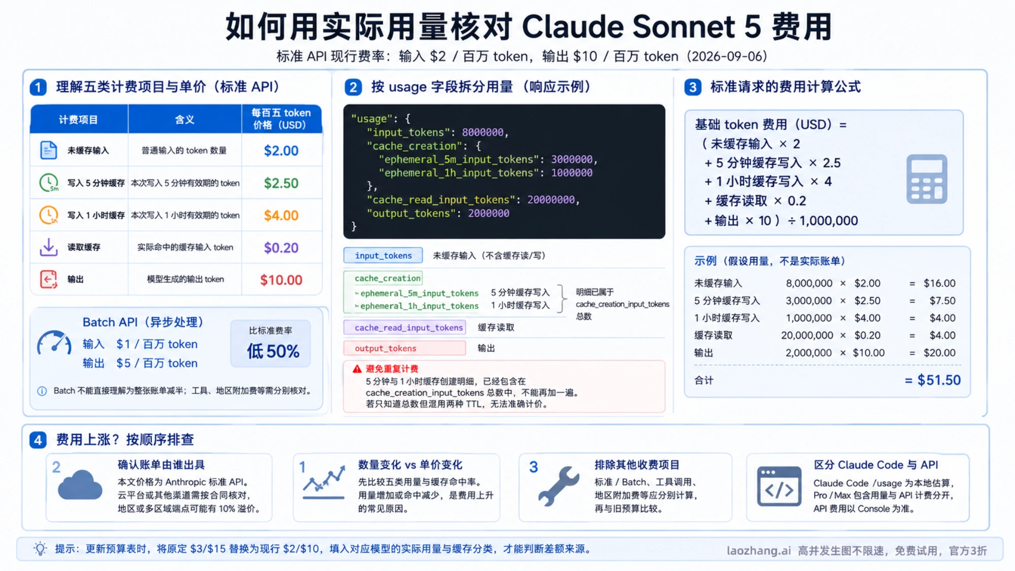 按 API 用量字段拆分 Sonnet 5 输入、缓存和输出费用的计算示例