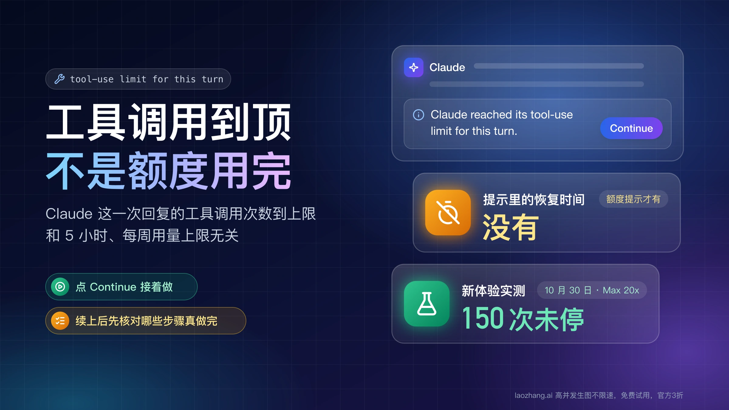 Claude 回复末尾的 tool-use limit 提示和 Continue 按钮示意：工具调用到顶，不是额度用完