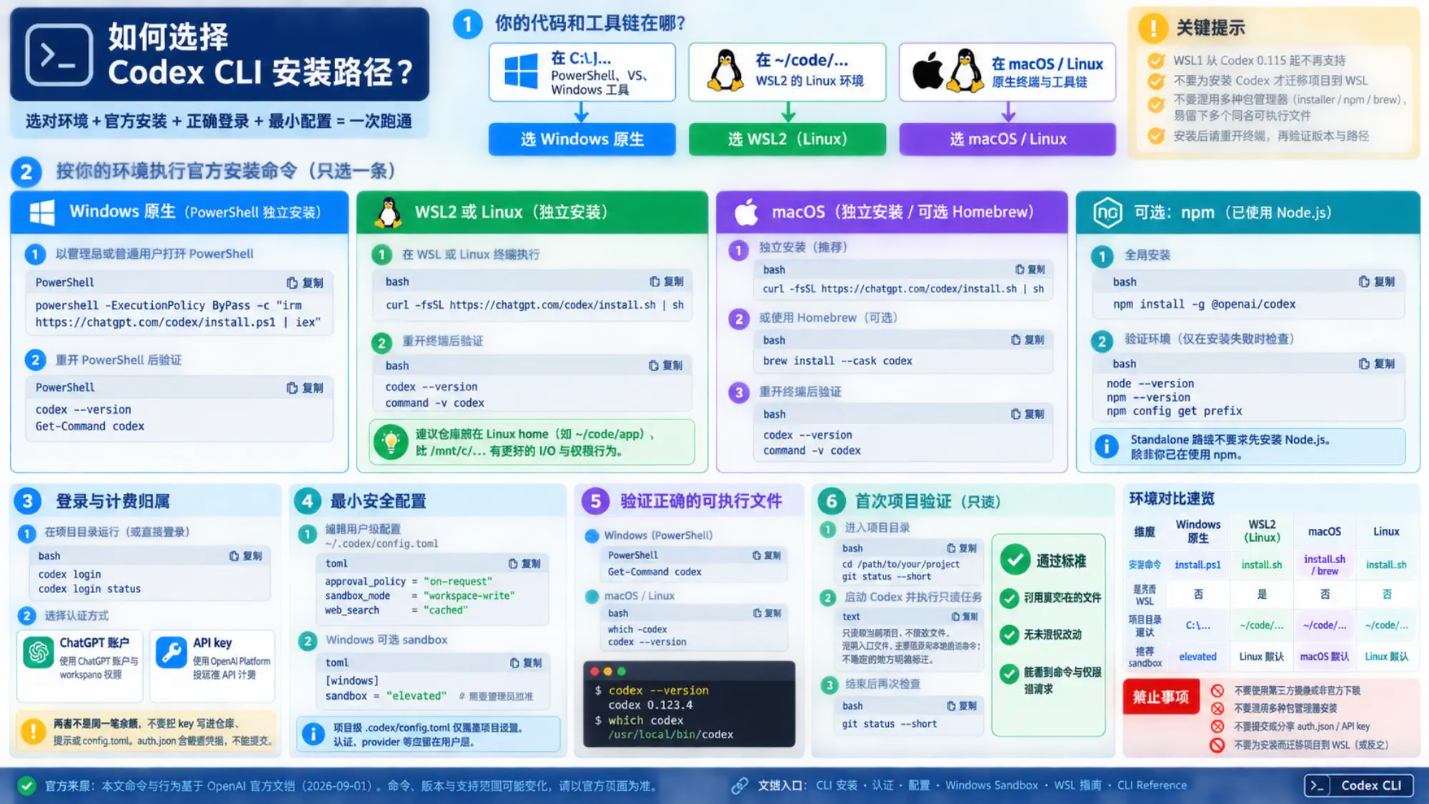 Codex CLI 在 Windows、WSL2、macOS 与 Linux 上的安装路径、最小配置和故障分层图