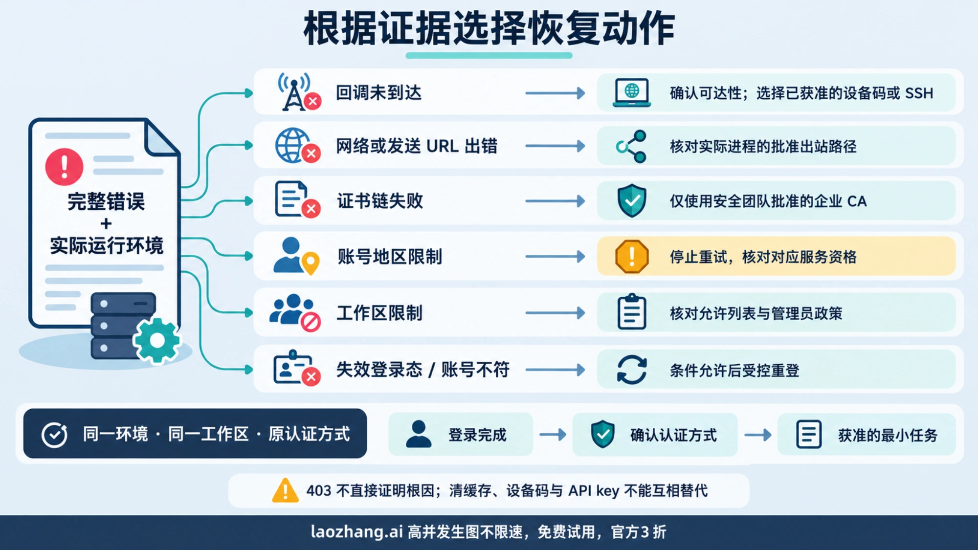 根据回调、网络、证书、账号地区、工作区与缓存证据选择恢复动作