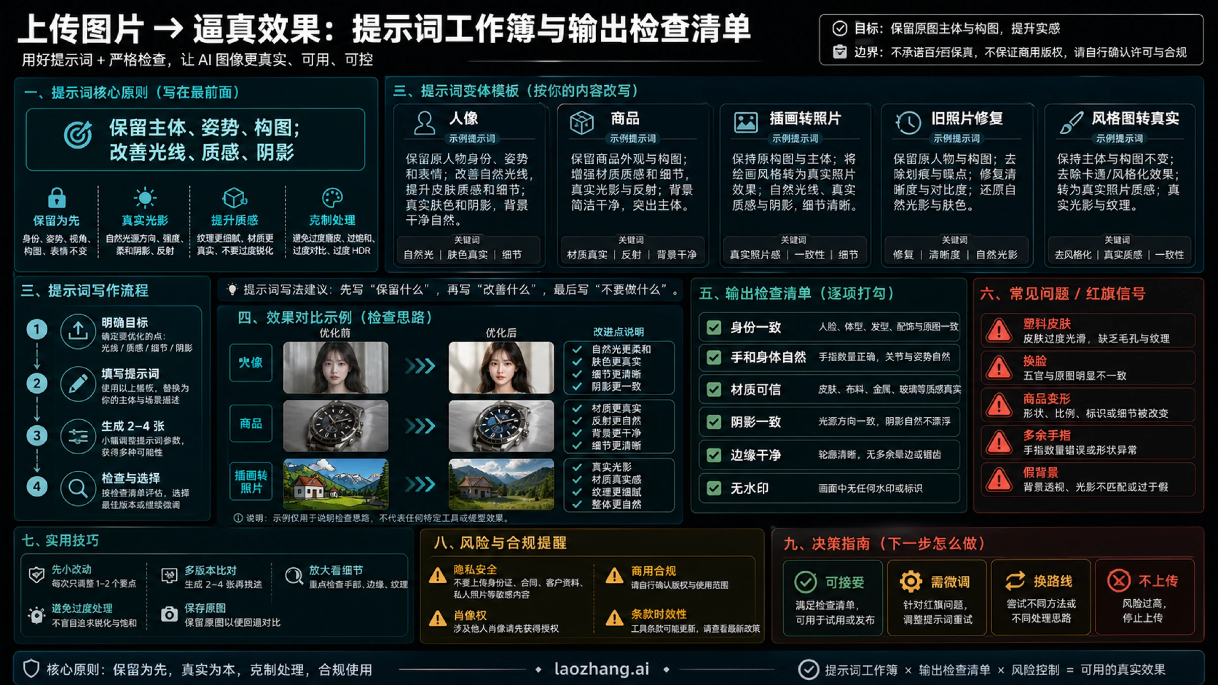 先写保留提示词，再用身份、解剖、材质、阴影、边缘和水印检查输出