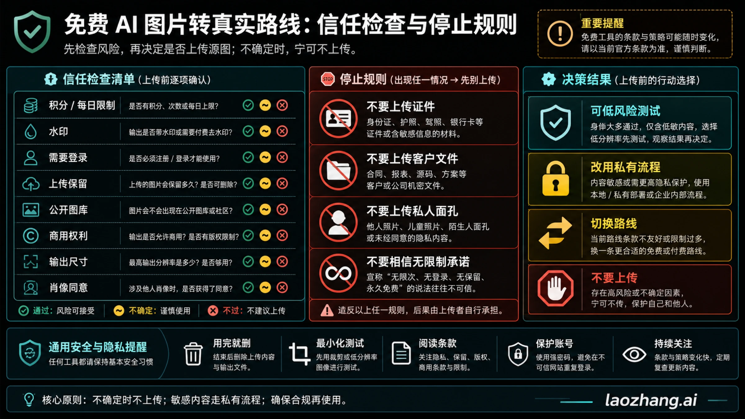 免费路线只有在检查额度、水印、登录、留存、图库、权利、导出尺寸和同意之后才适合使用