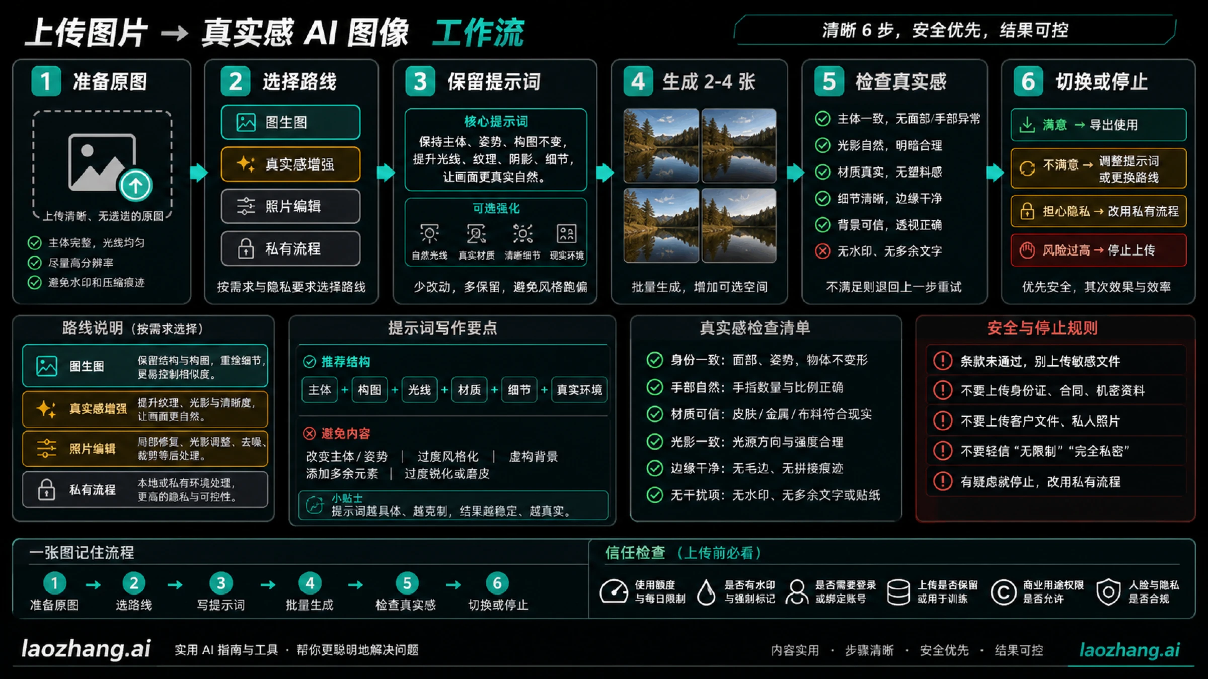 安全流程是源图准备、路线选择、保留提示词、候选生成、输出检查、切换或停止