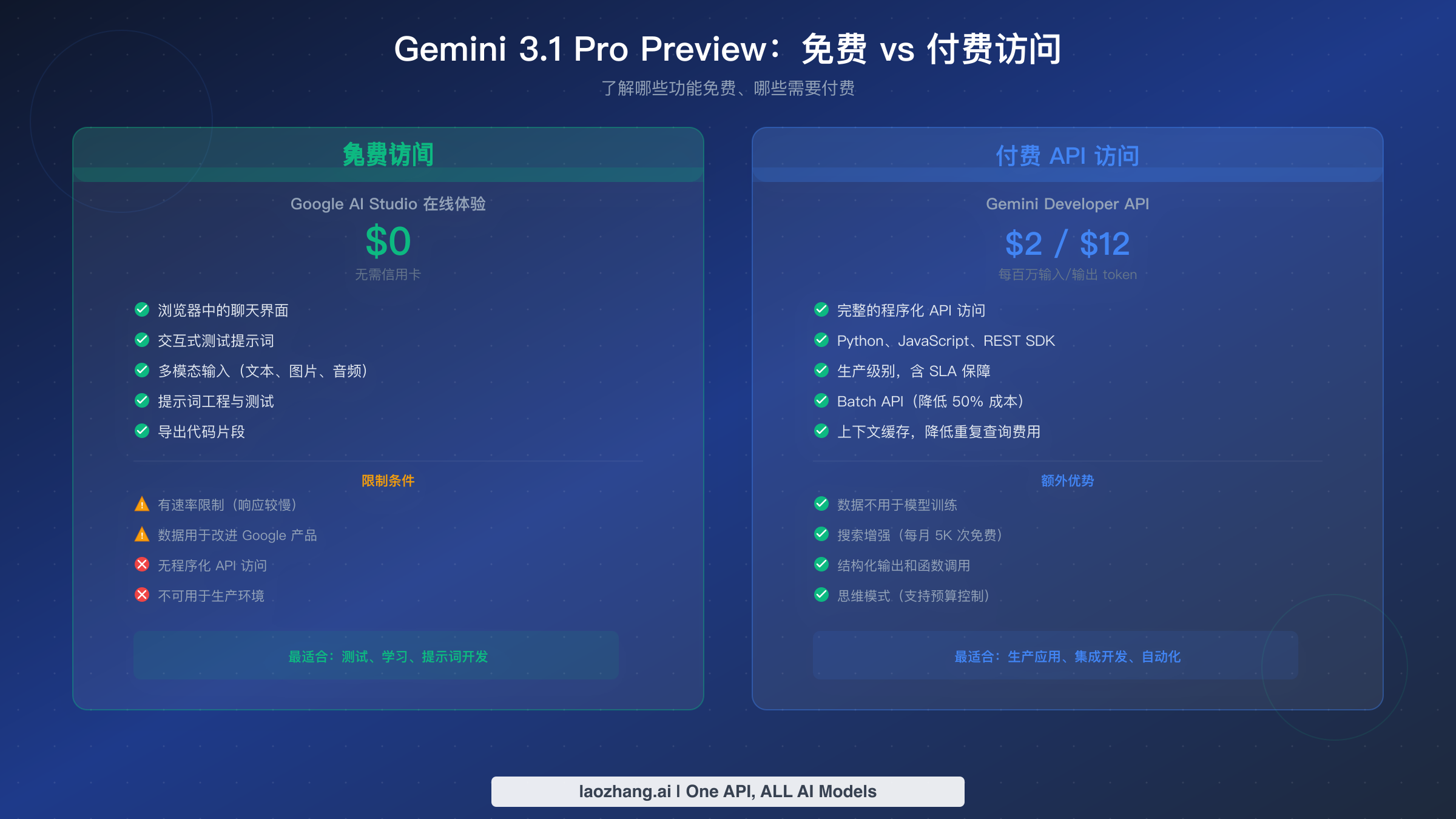 Gemini 3.1 Pro Preview 免费与付费访问对比,展示功能和限制