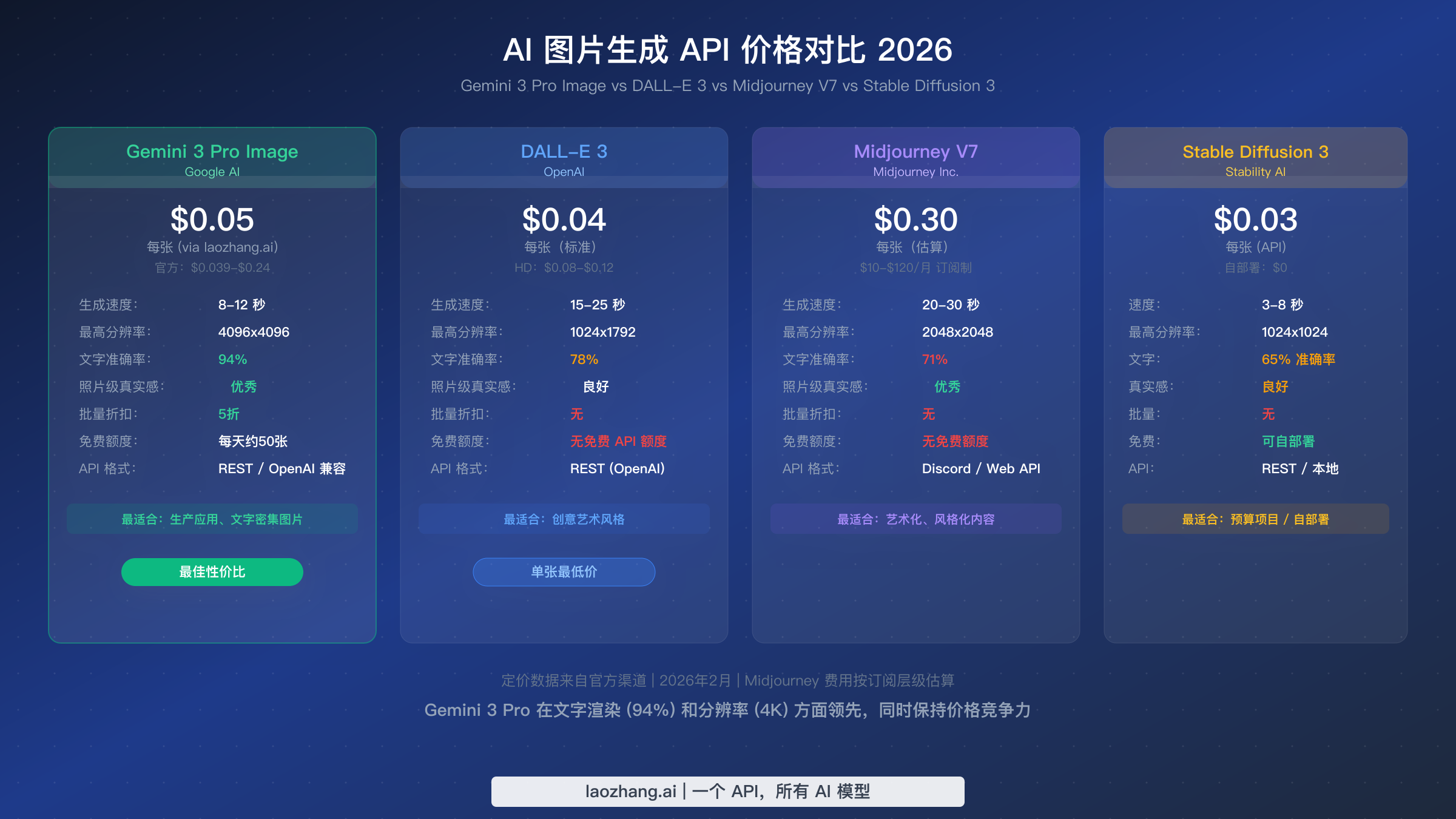 四种 AI 图片生成 API 的并排对比展示 Gemini、DALL-E、Midjourney 和 Stable Diffusion 的定价速度和质量指标
