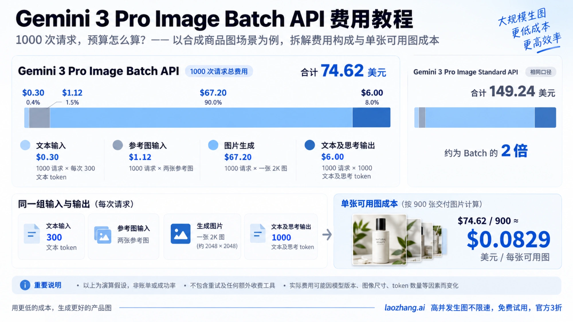 在相同输入输出假设下拆分 Batch 总预算，并按可交付图片计算均摊的示意。
