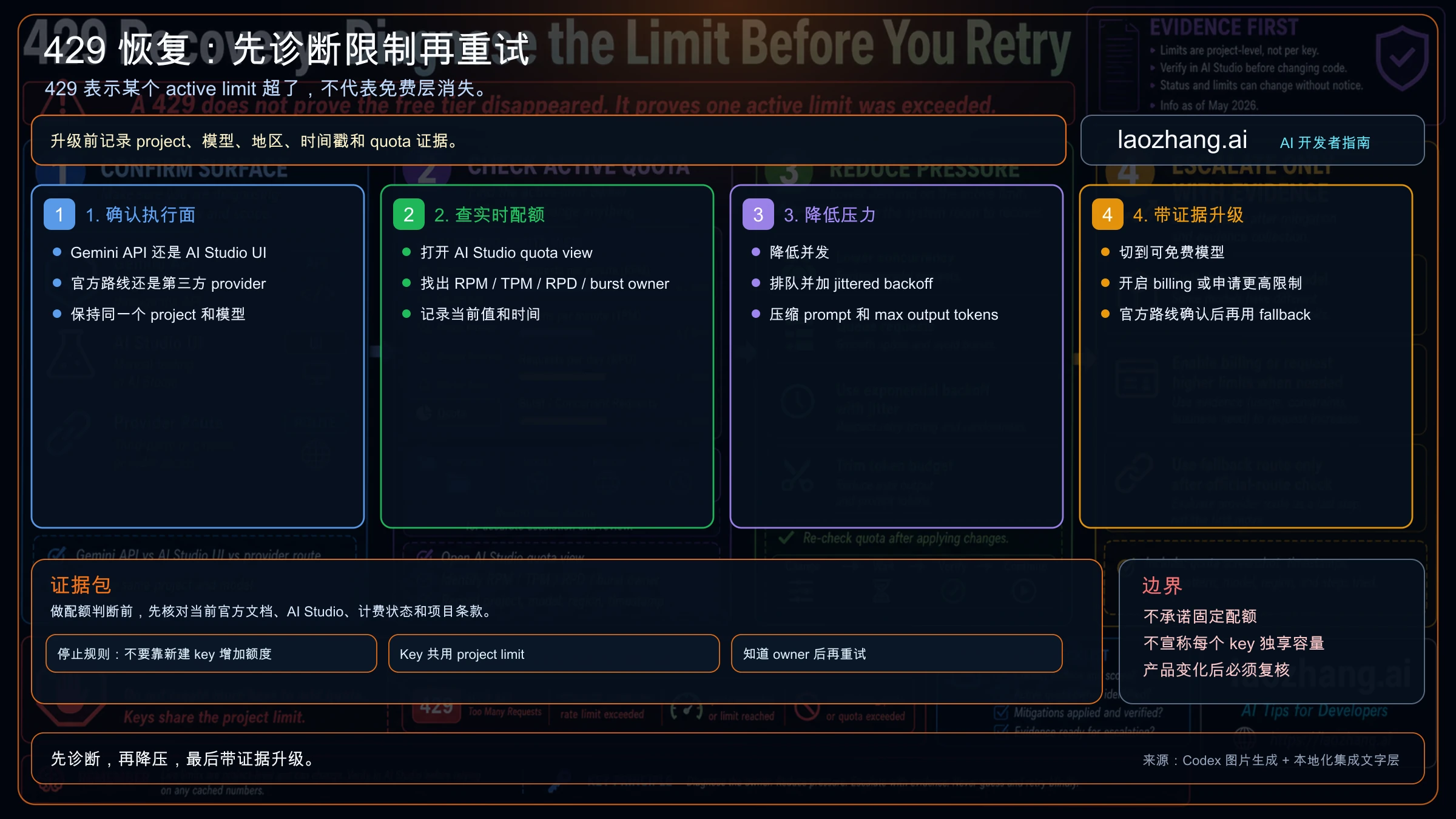 Gemini API 免费层 429 恢复阶梯：确认调用面、查 active quota、降低压力并带证据升级