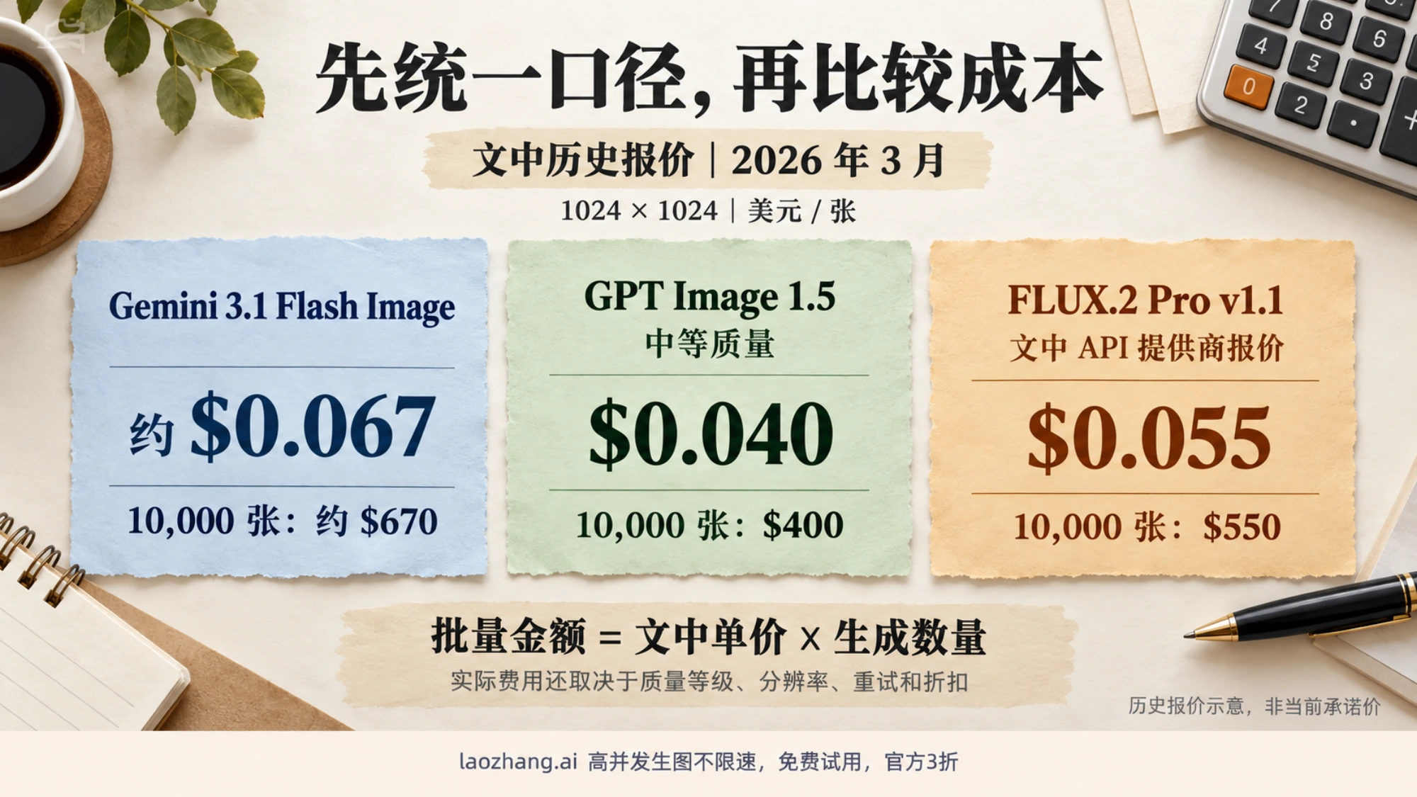 按文中 2026 年 3 月历史报价整理的 1024×1024 单张费用与一万张费用示意，注明质量等级和费用影响因素