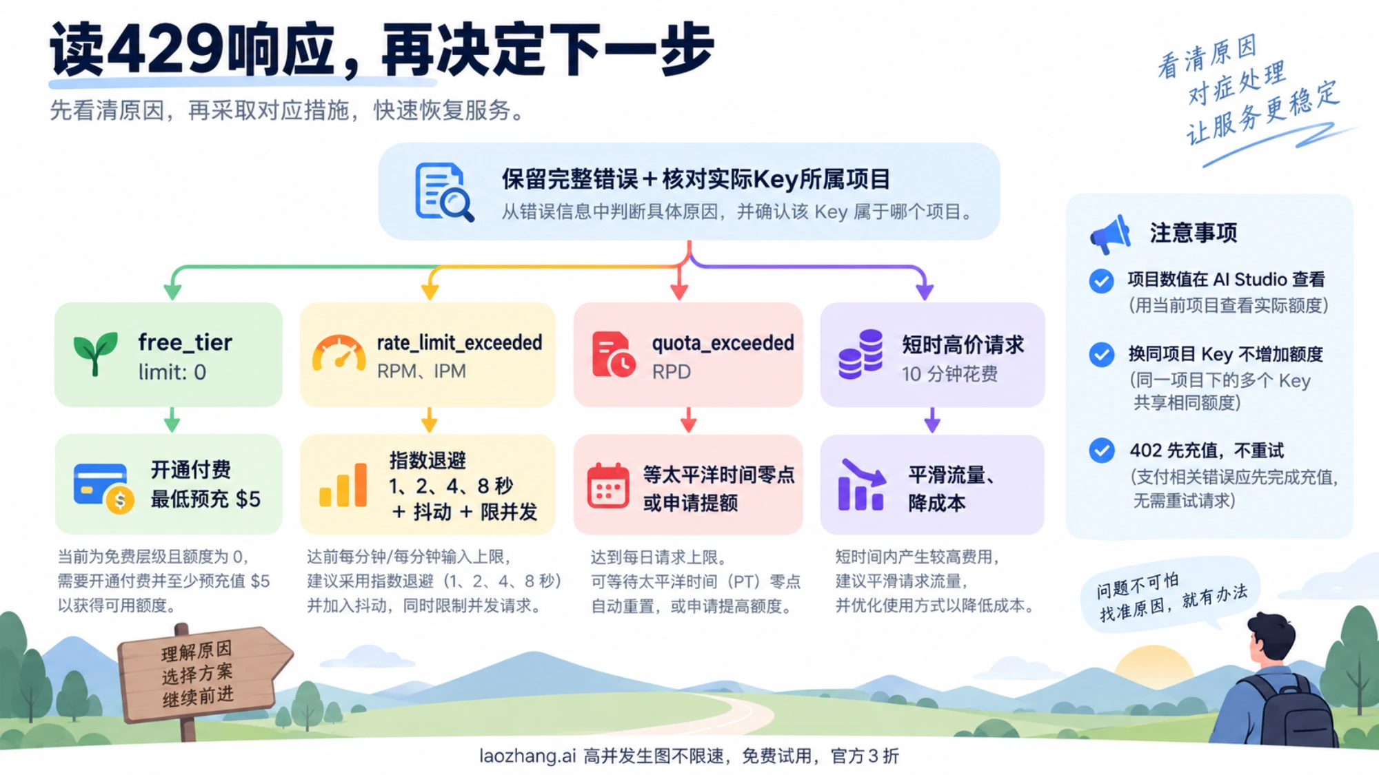 根据429响应与项目用量区分免费层、分钟速率、日配额和花费上限