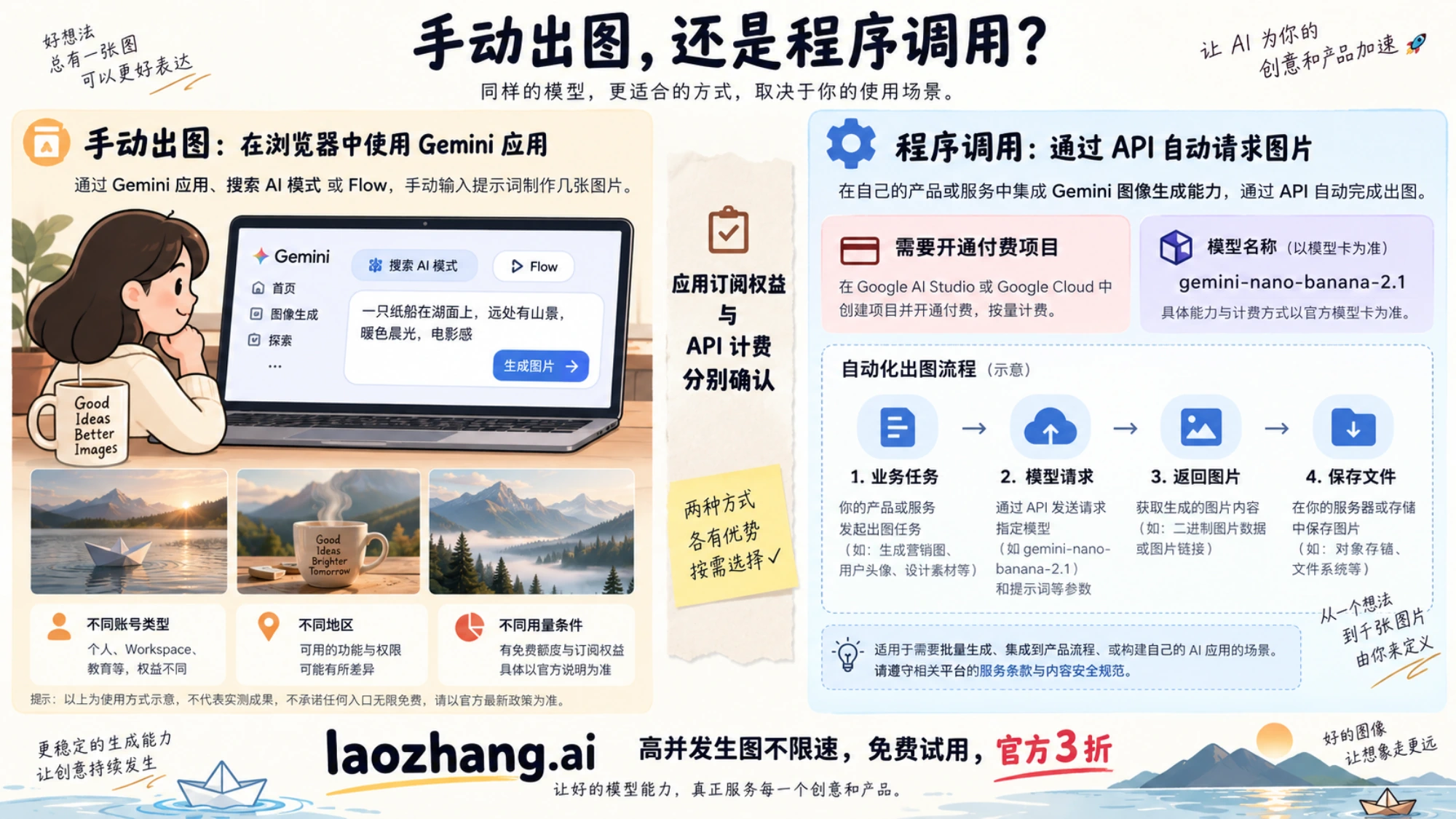 手动图片入口与付费项目 API 自动调用分别确认条件的概念示意
