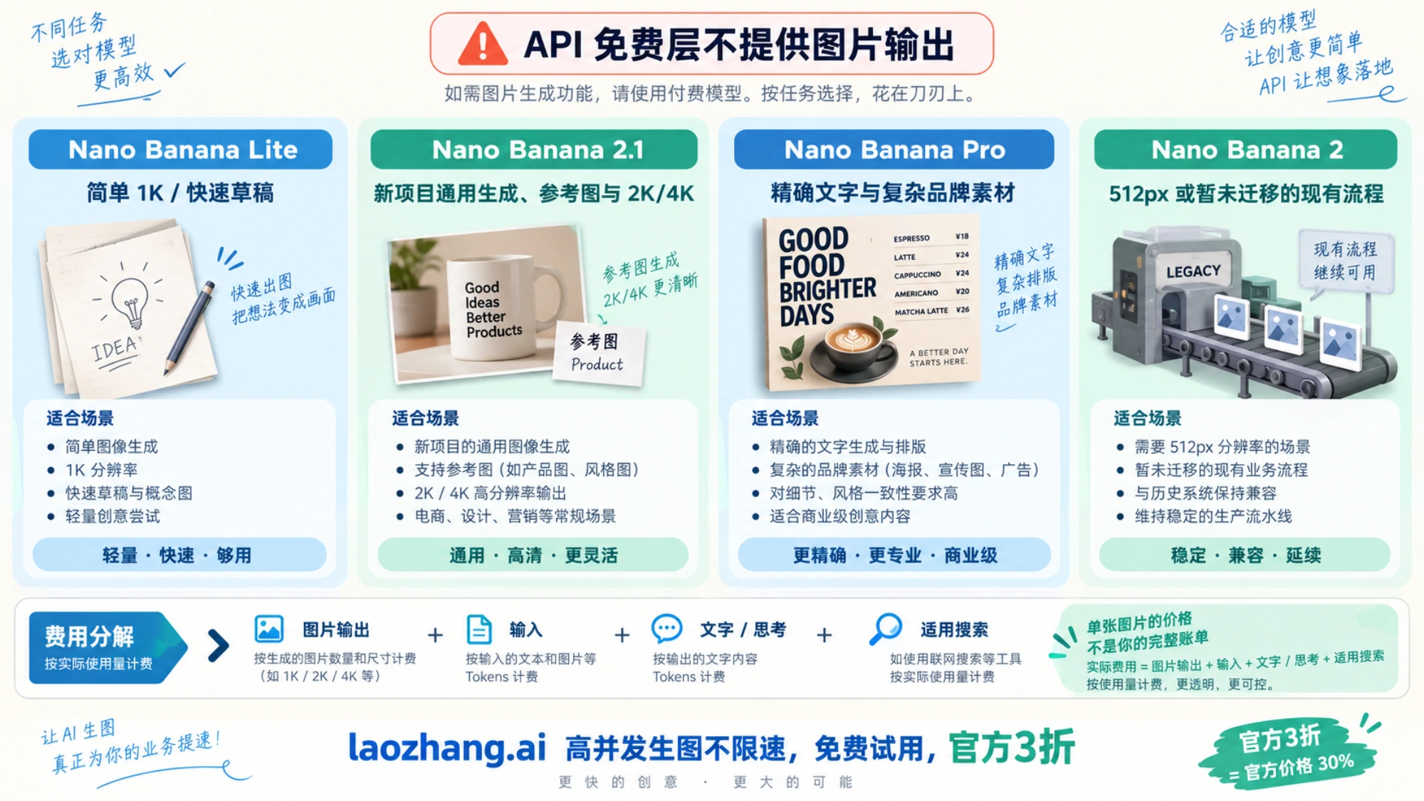 Lite、2.1、Pro 与保留 NB2 流程按任务选择付费图片模型的概念示意