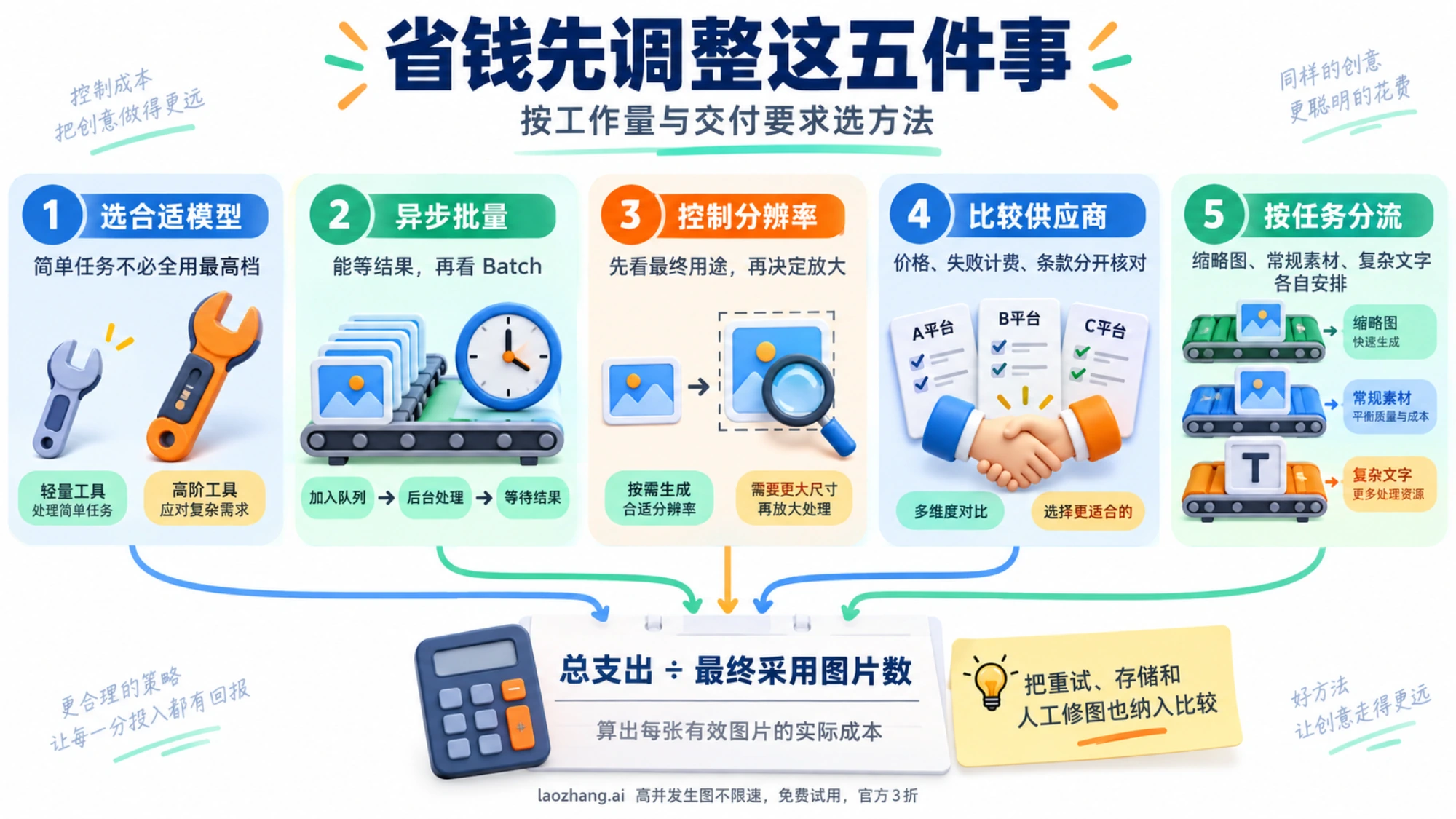 图片 API 的五种成本控制方法：合适模型、异步批量、分辨率、供应商比较和按任务分流，并按最终采用图片计算总成本