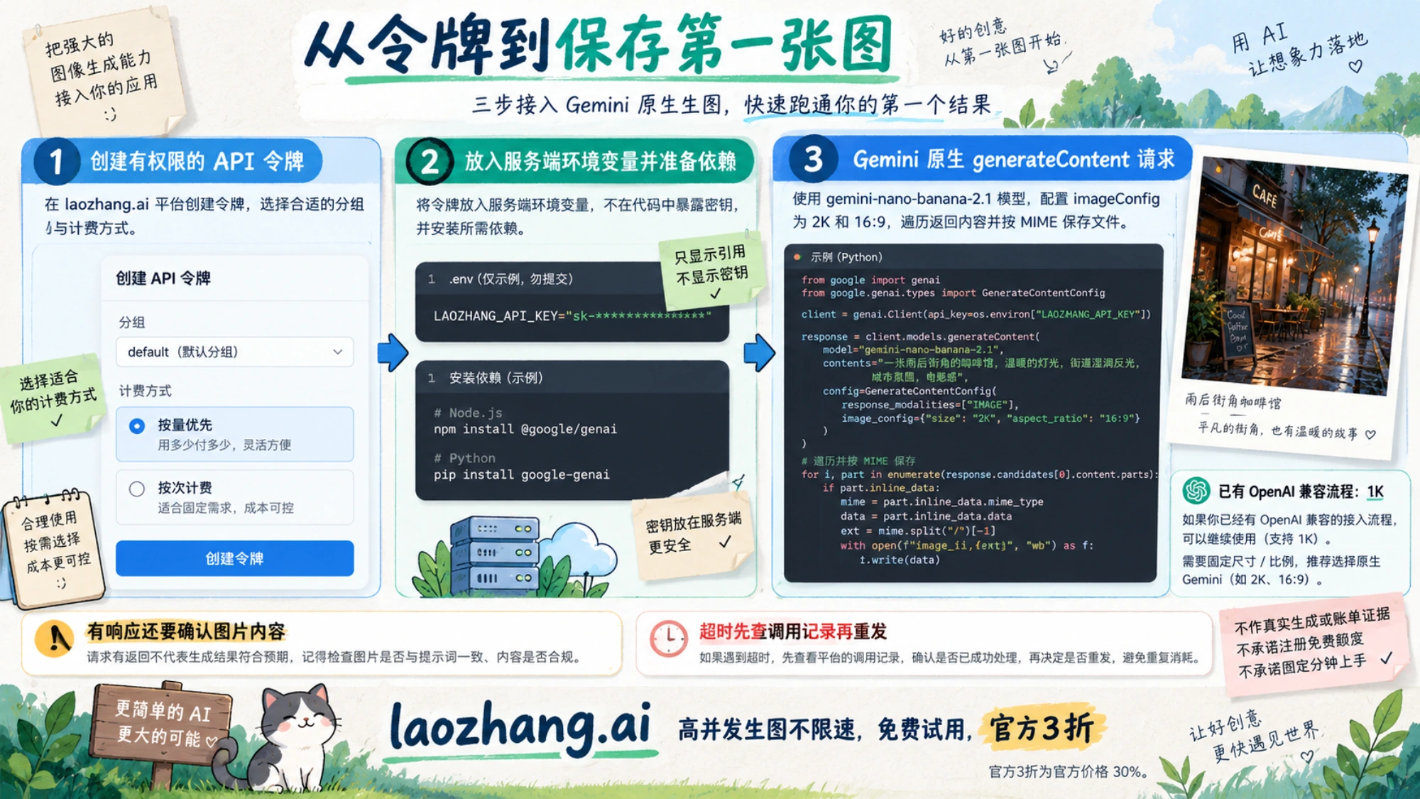 老张 API 令牌、服务端密钥引用、原生尺寸请求与最终图片保存的接入概念流程