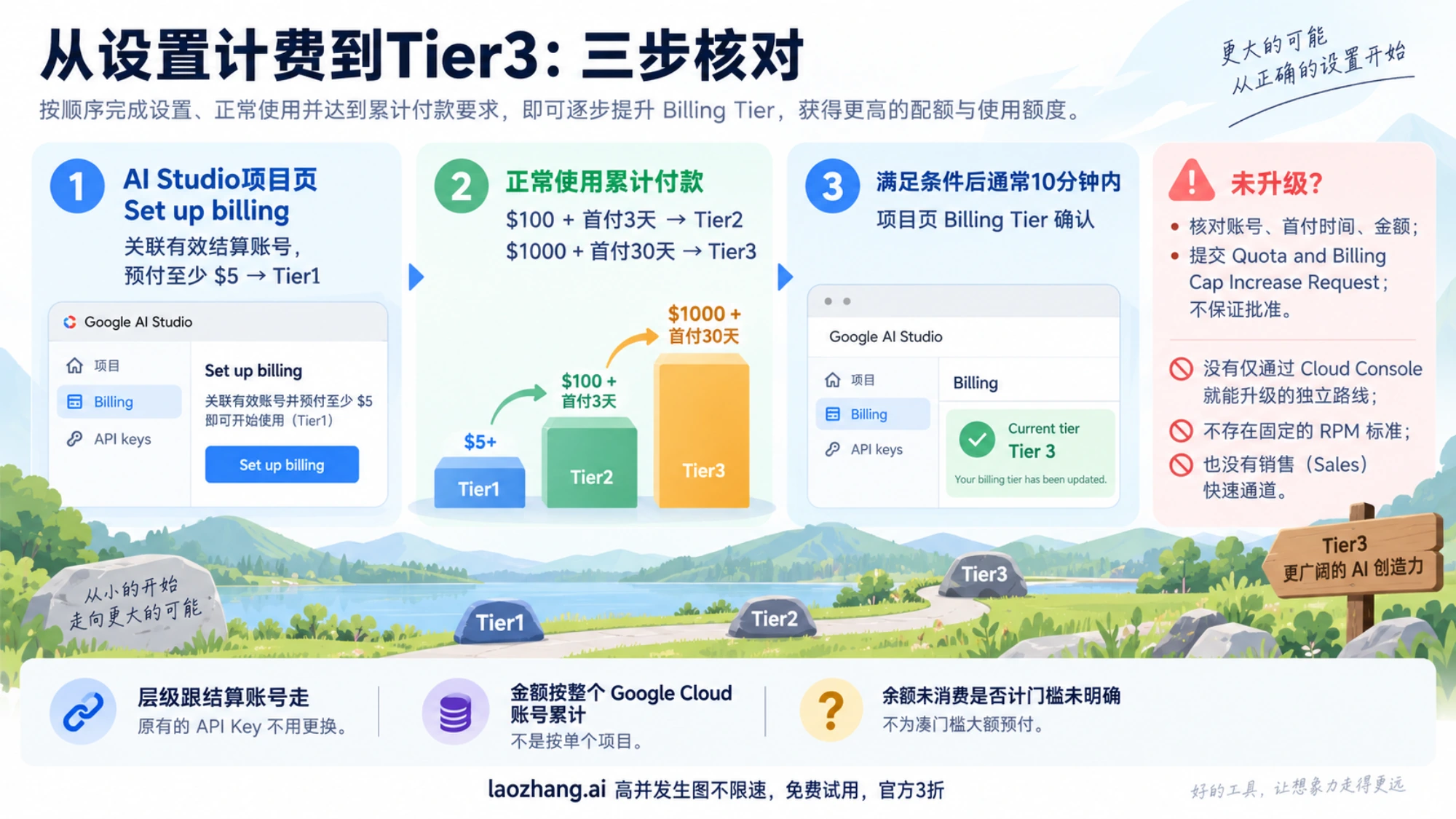 在AI Studio设置计费后累计付款并确认Tier2和Tier3自动升级