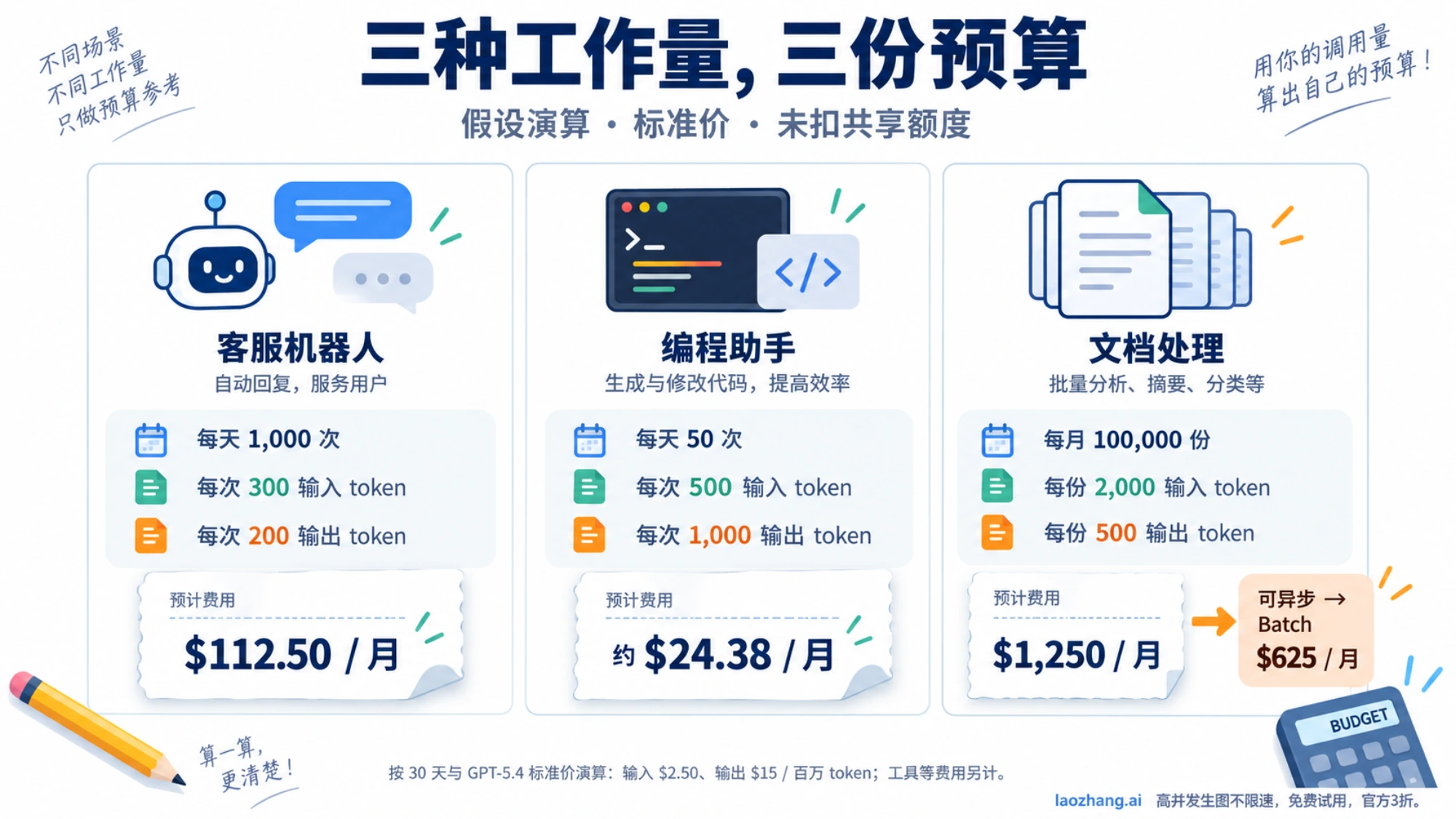 GPT-5.4 三种假设工作量预算:客服机器人、编程助手和文档处理分别按调用数量及输入输出估算,文档批处理另比较 Batch