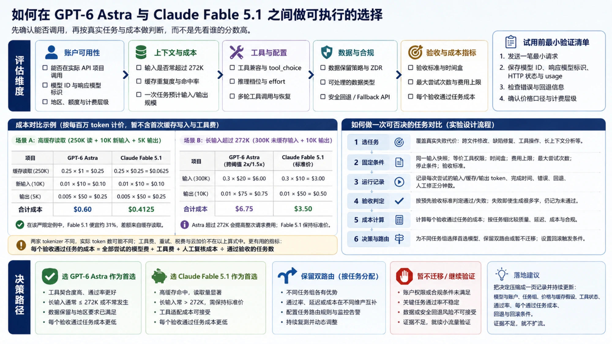 GPT-6 Astra 与 Claude Fable 5.1 的两组 API 成本算例及可否决任务评估流程