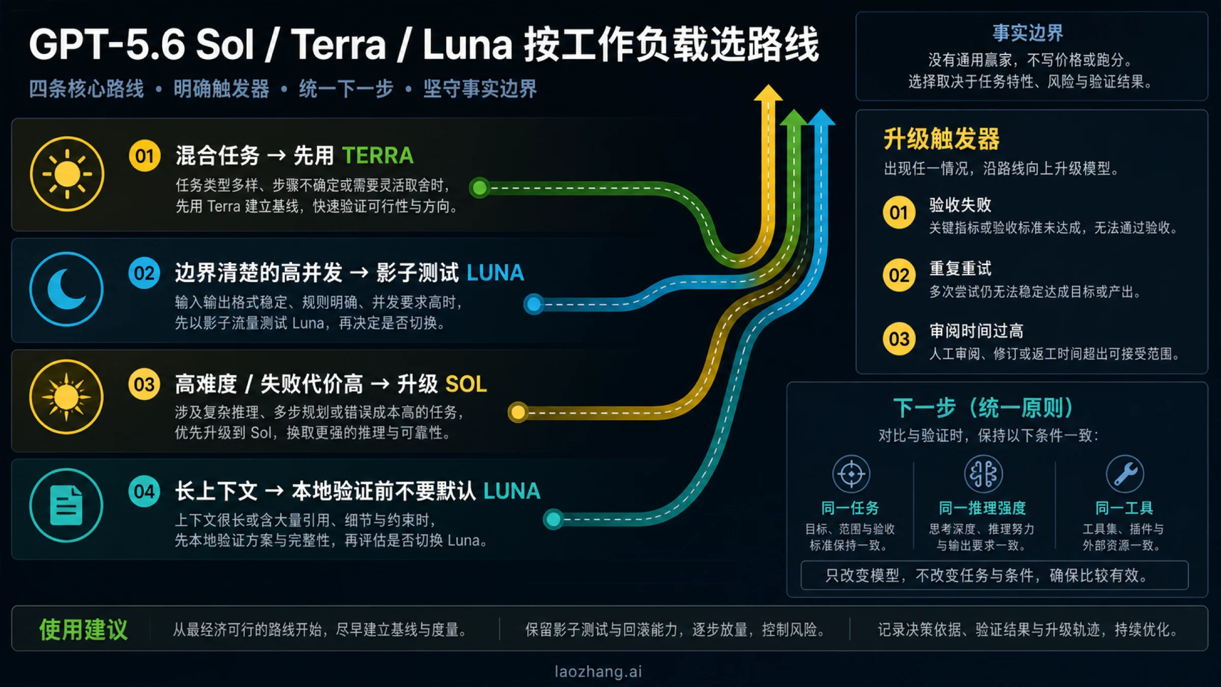 GPT-5.6 Sol、Terra、Luna 的任务路由图