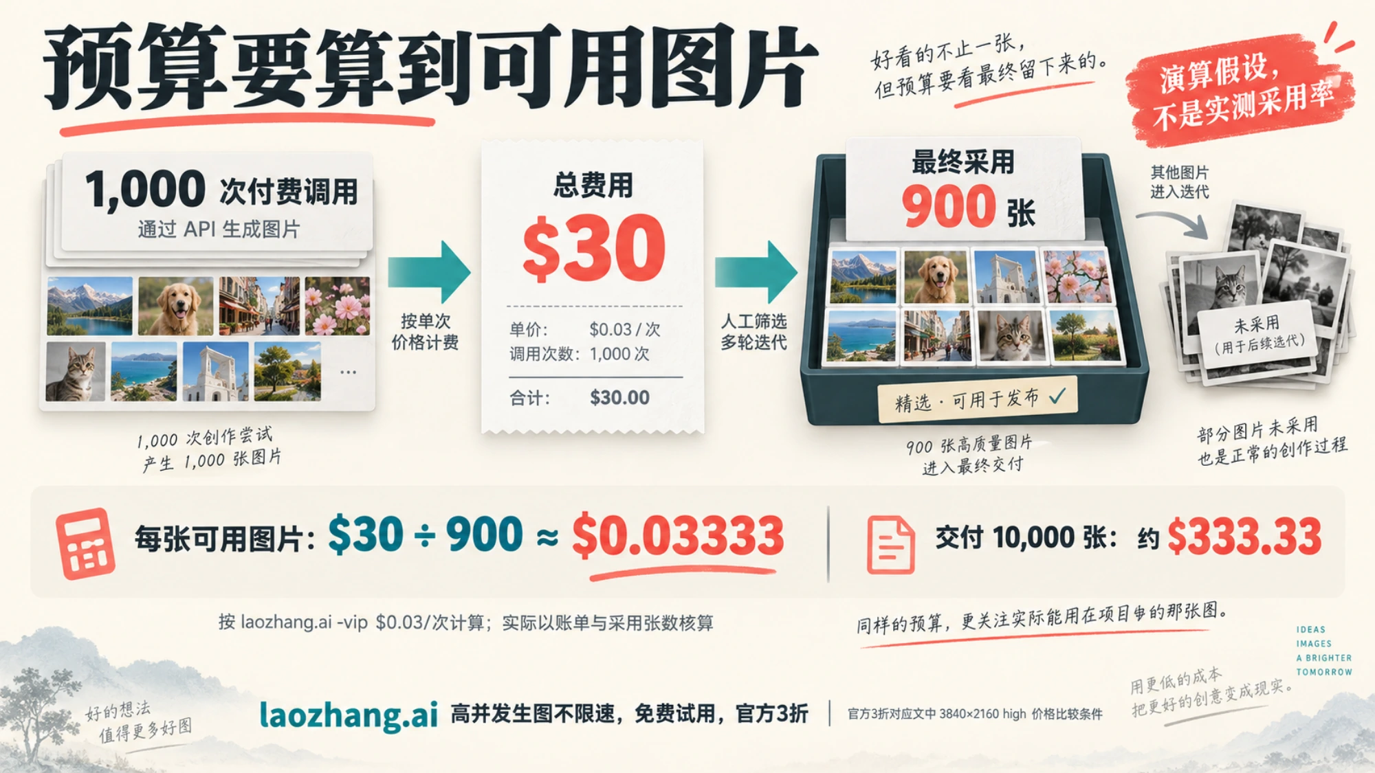 假设 1,000 次付费调用共花费 30 美元，采用 900 张图片，换算每张可用图片与一万张交付预算