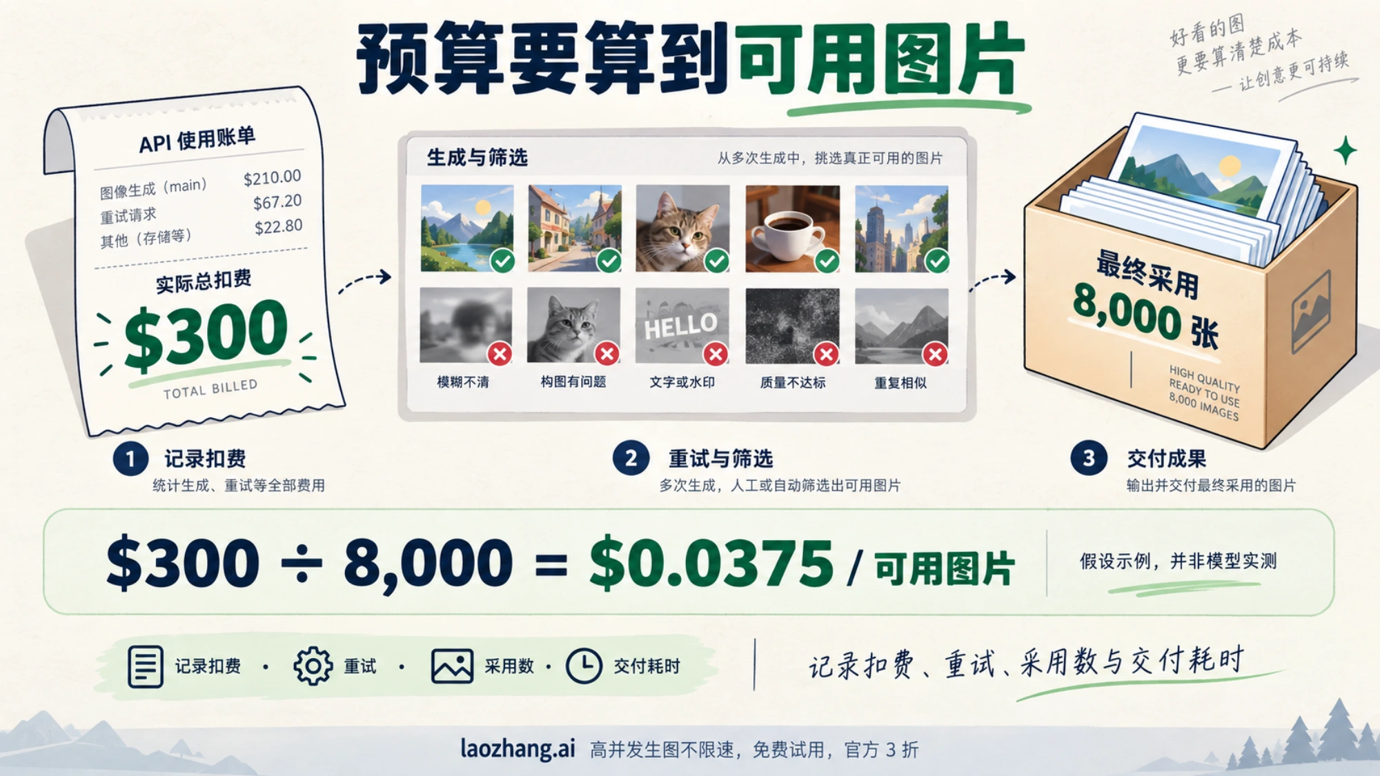 以实际总扣费 300 美元除以最终采用 8000 张，说明每张可用图片成本的计算方法