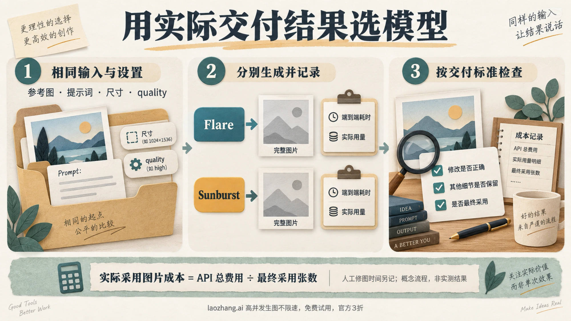 在相同输入与设置下分别运行 Flare 和 Sunburst，记录耗时与用量，并按交付标准判断是否采用的概念流程