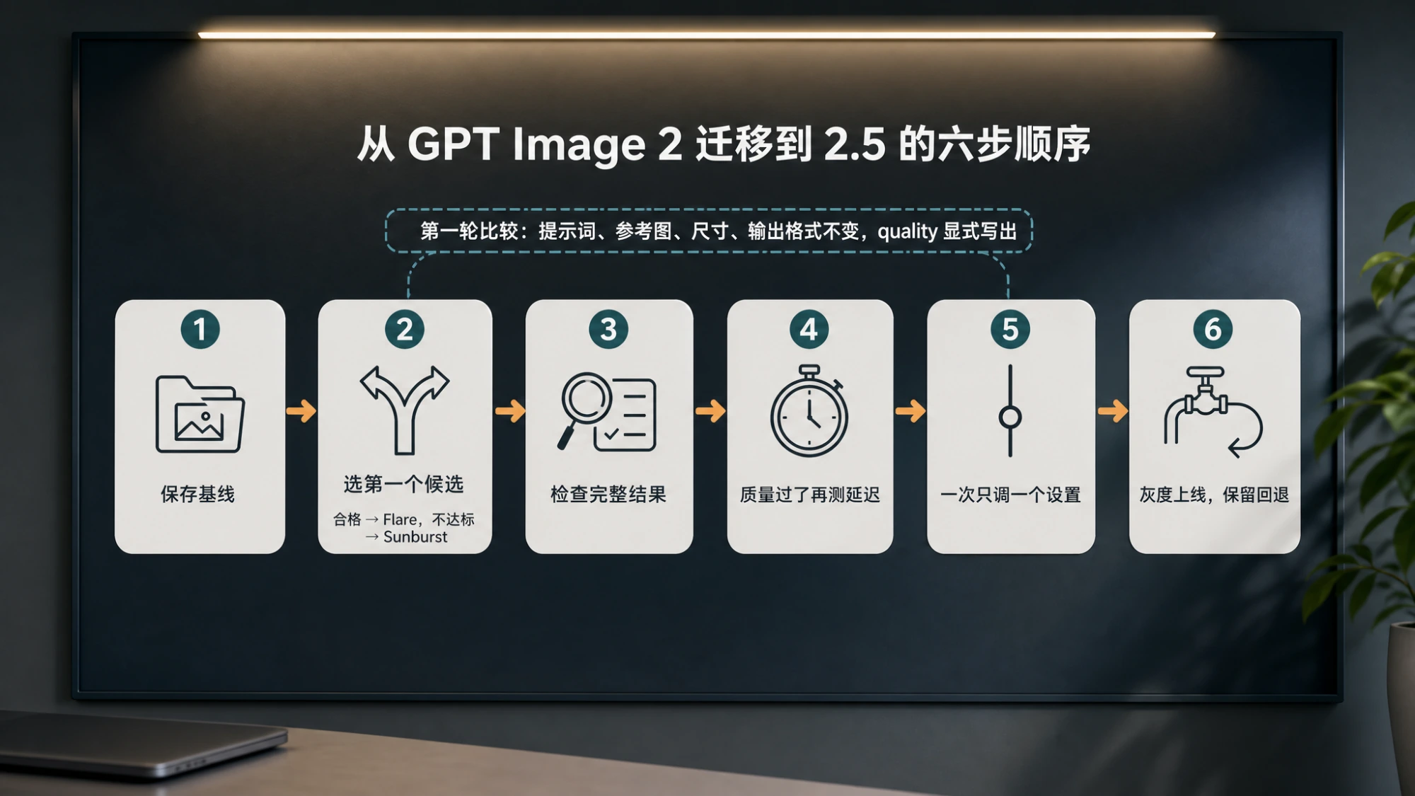 办公室看板上的六步流程图：从 GPT Image 2 迁移到 2.5 依次为保存基线、选第一个候选、检查完整结果、质量过了再测延迟、一次只调一个设置、灰度上线并保留回退