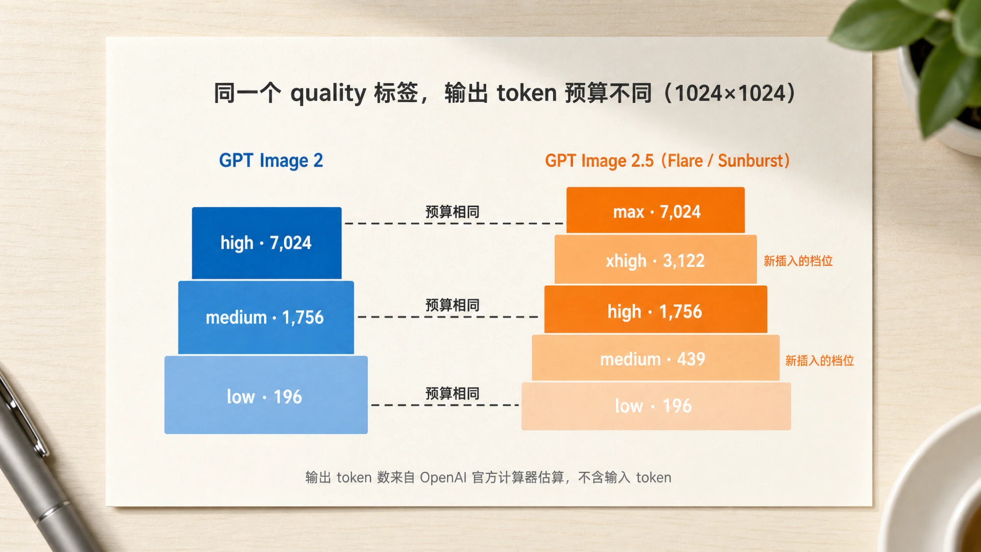 桌面卡片上的阶梯对照图：GPT Image 2 三档与 GPT Image 2.5 五档的输出 token 预算，low 对 low、medium 对 high、high 对 max 以虚线标为预算相同，1024×1024 官方计算器估算