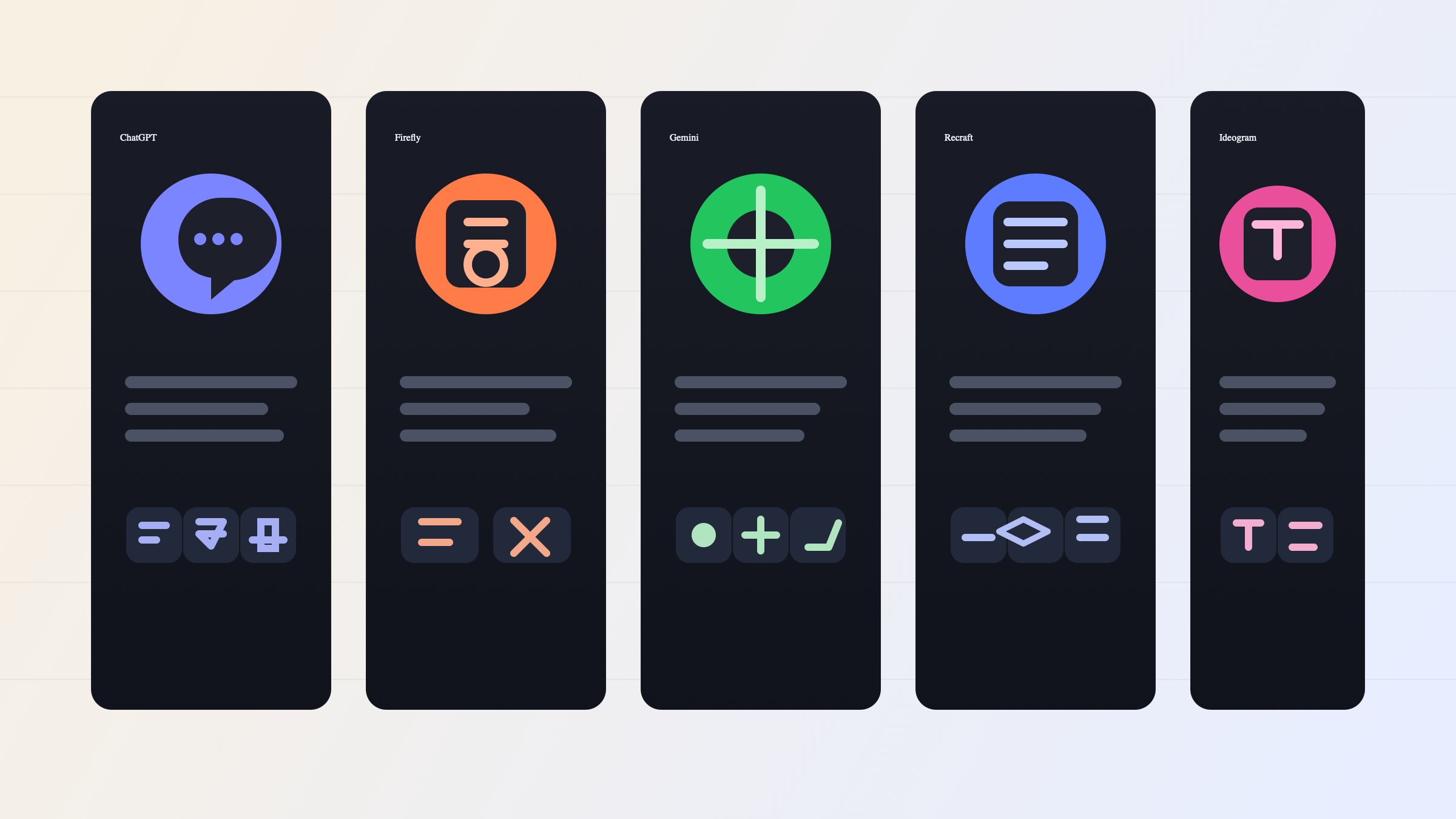 展示 ChatGPT、Firefly、Gemini、Recraft 和 Ideogram 五种图生图编辑契约的结构图