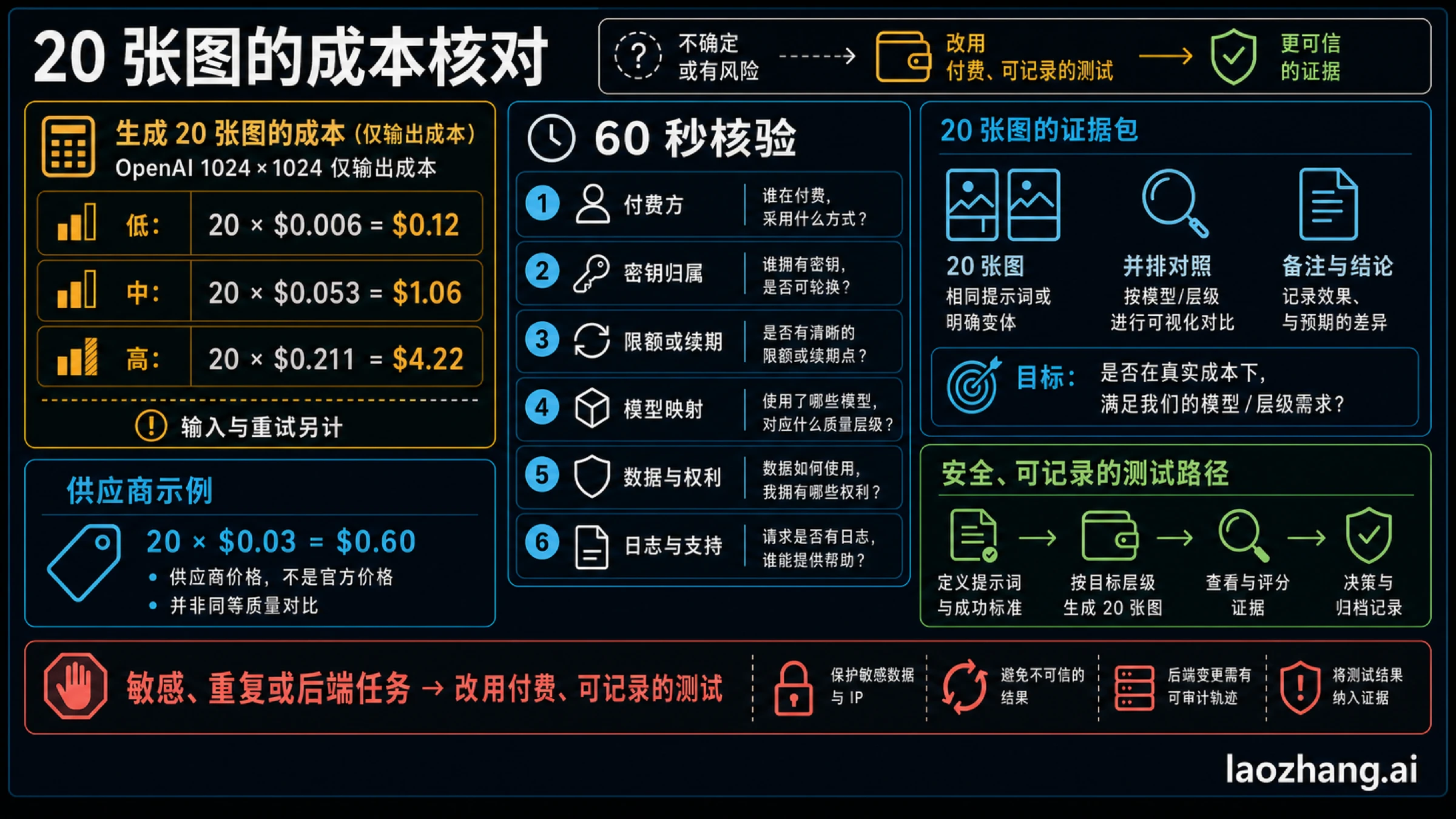 GPT Image 2 二十张图成本算例与六字段安全审计,给出从试用转向付费测试的停止规则