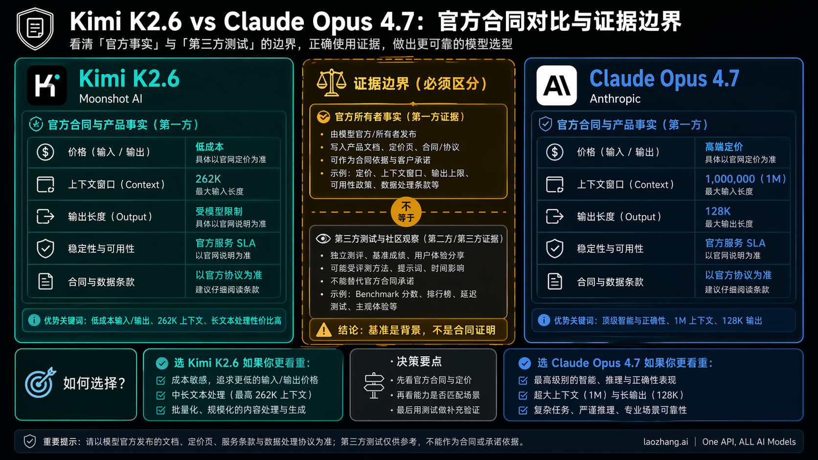 Kimi K2.6 与 Claude Opus 4.7 的官方合同对比图