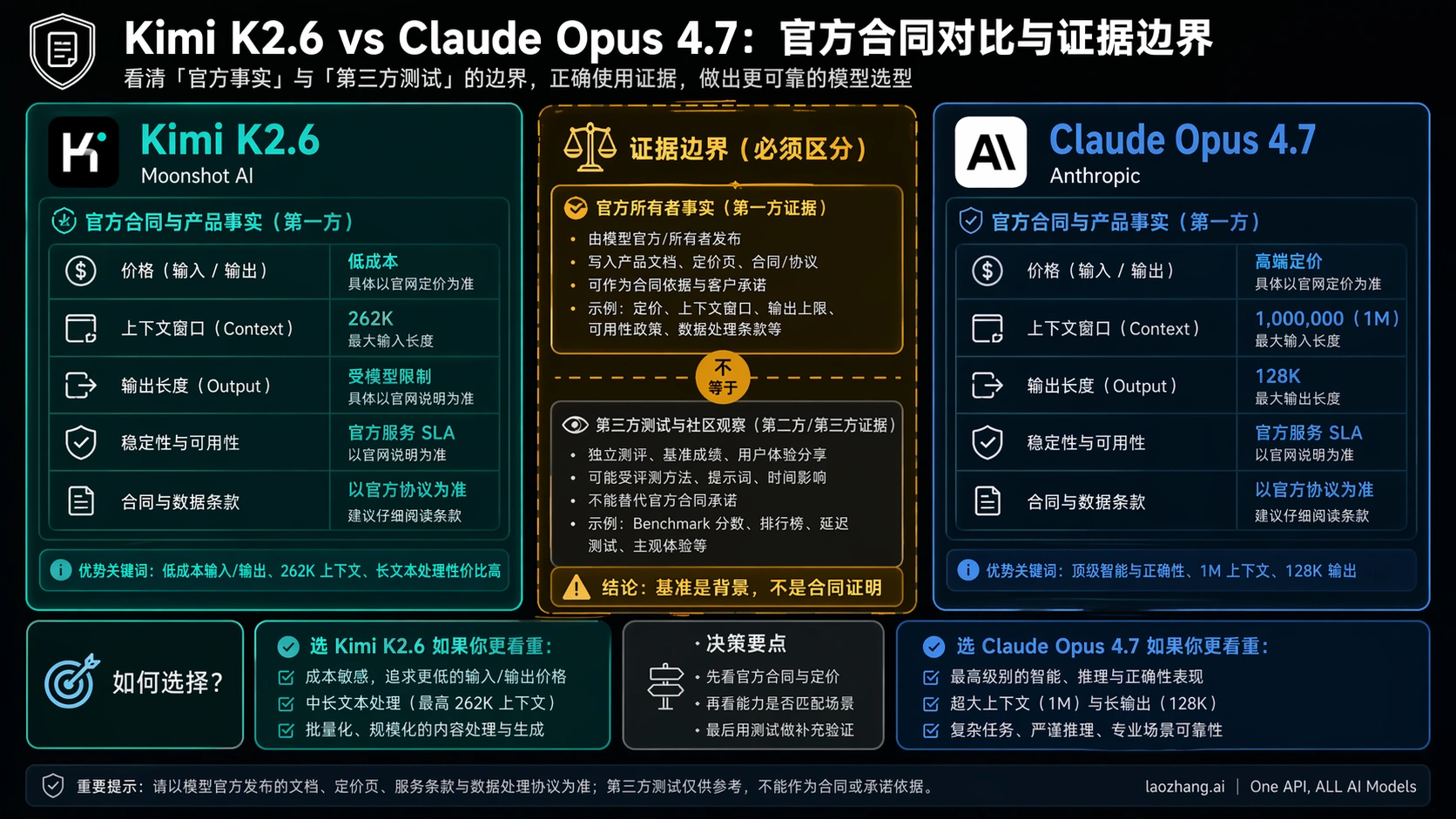 Kimi K2.6 与 Claude Opus 4.7 的官方合同对比图