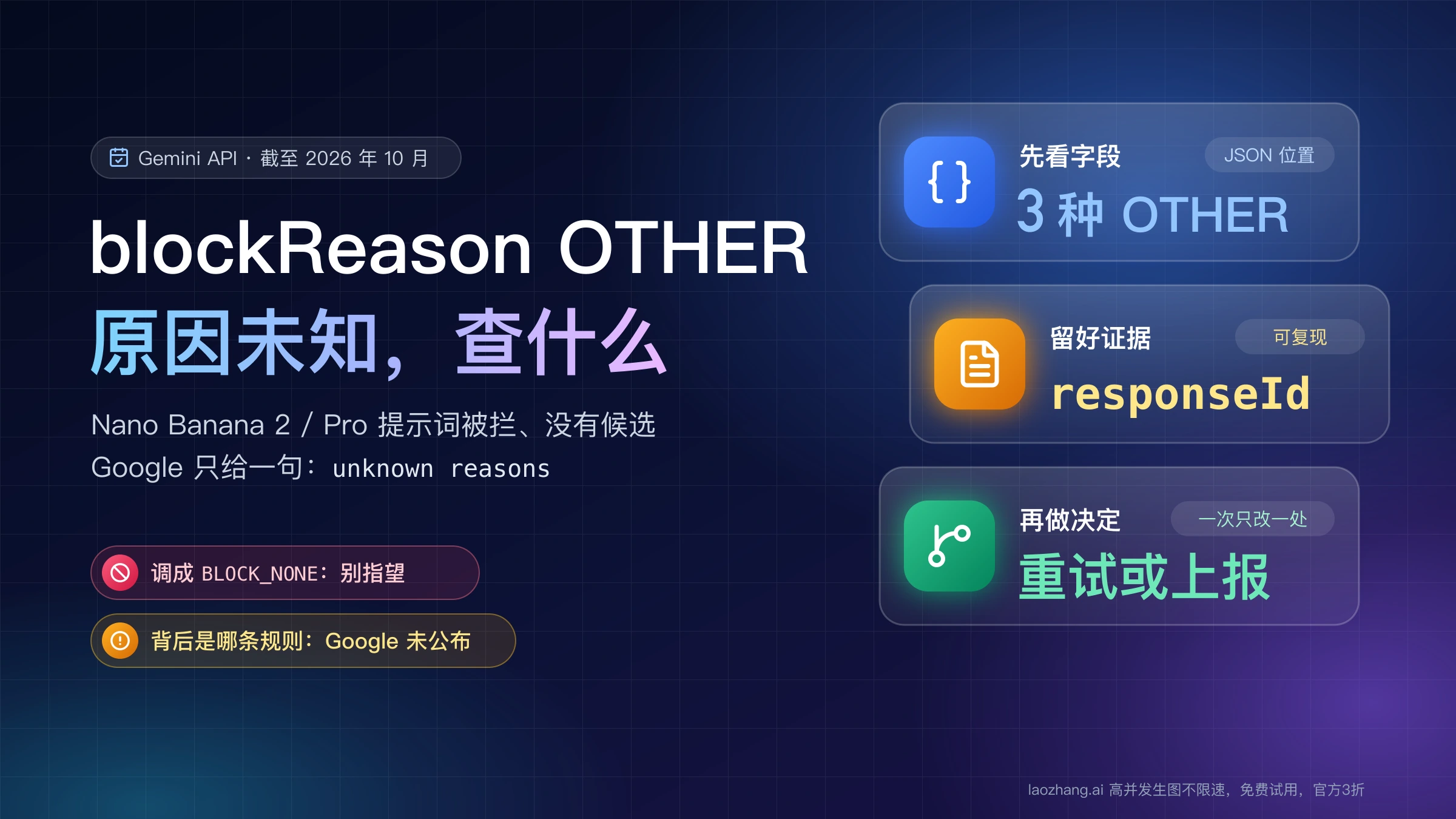 blockReason OTHER 只有原因未知：先看三种 OTHER 所在字段，留好 responseId 等证据，再决定重试还是上报