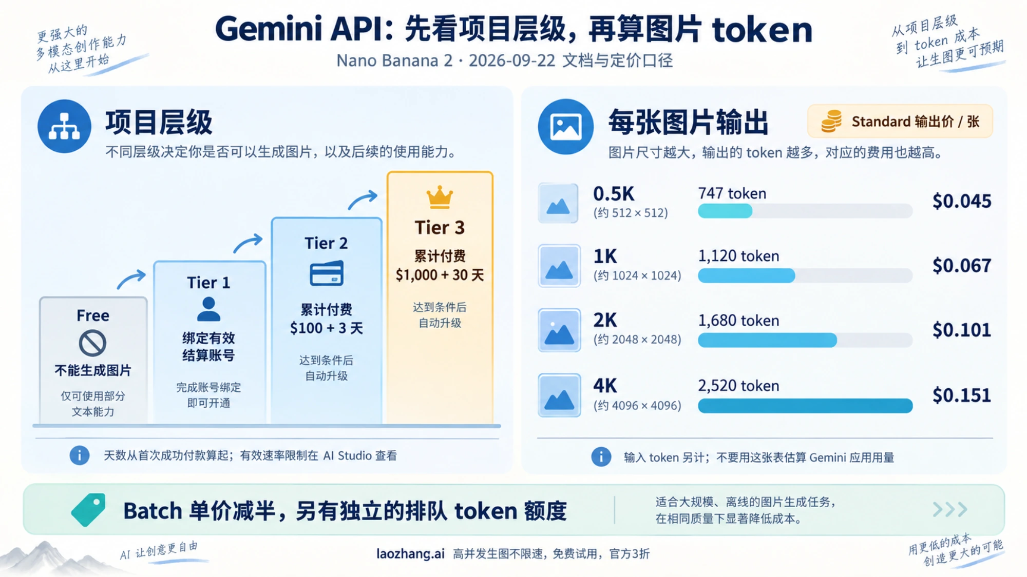 Gemini API 层级与图片 token 信息图：左侧阶梯从 Free 不能生成图片到 Tier 1 绑定结算账号、Tier 2 累计付费 $100 加 3 天、Tier 3 累计付费 $1,000 加 30 天；右侧条形显示 0.5K 747、1K 1,120、2K 1,680、4K 2,520 个 token 及对应标准单价，注明 Batch 半价且有独立排队 token 额度