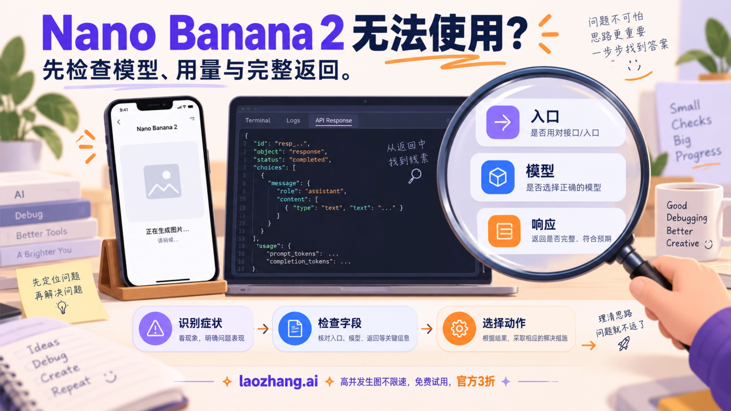 Nano Banana 2 无法出图时检查入口、模型和完整返回的概念示意