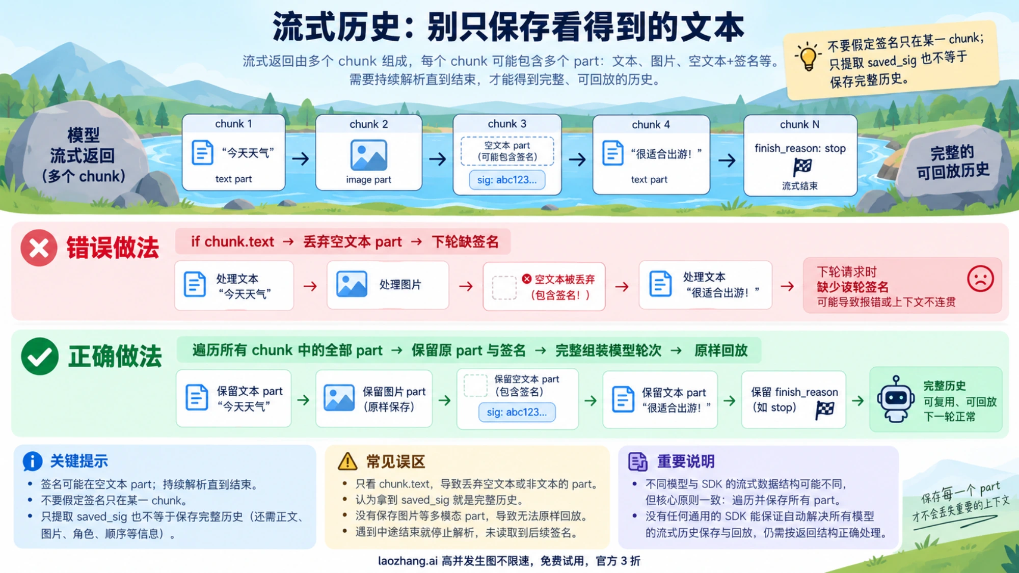 流式响应保留全部part及可能位于空文本part中的签名