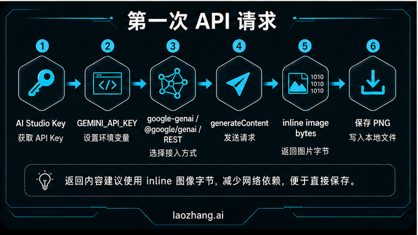 展示从 API key 到客户端再到 generateContent 与图像输出的官方请求流程图